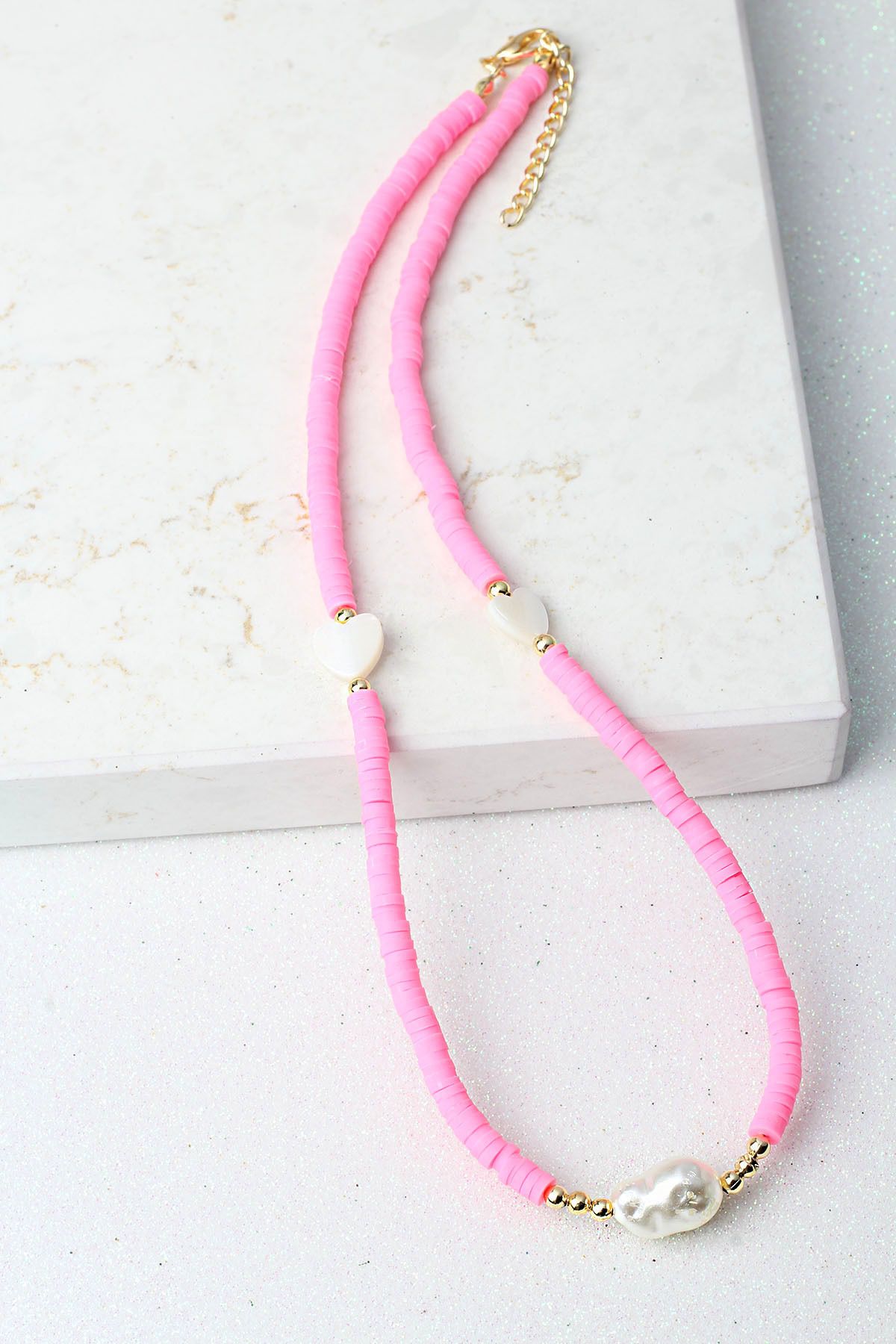 BY BARUN SİLVER İncili Kolye Boncuklu Pink Fimo Kolye