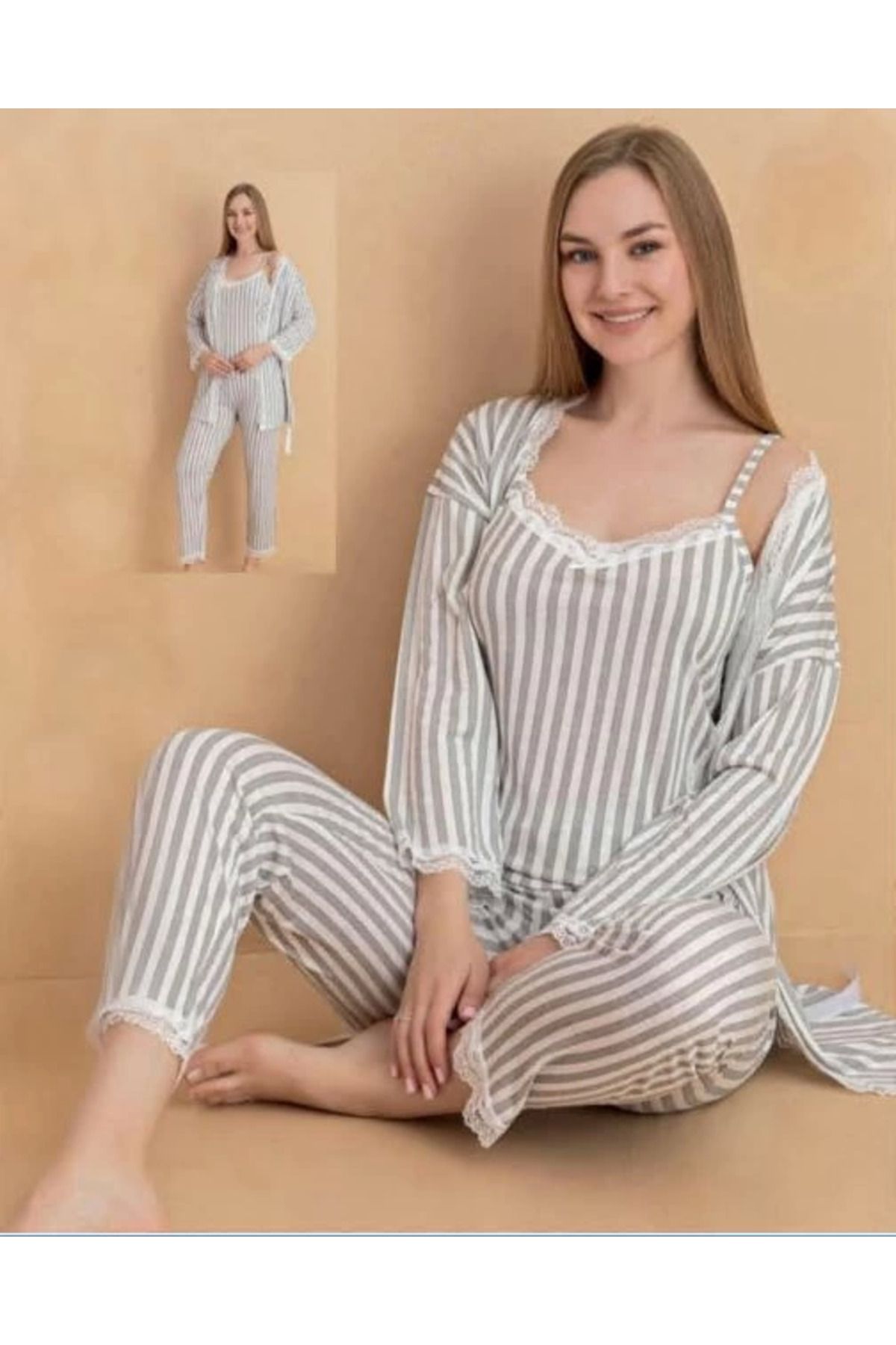 Modafiks Stil Moda 7048 Kadın Askılı Sabahlıklı Pijama Takımı - Gri - XL