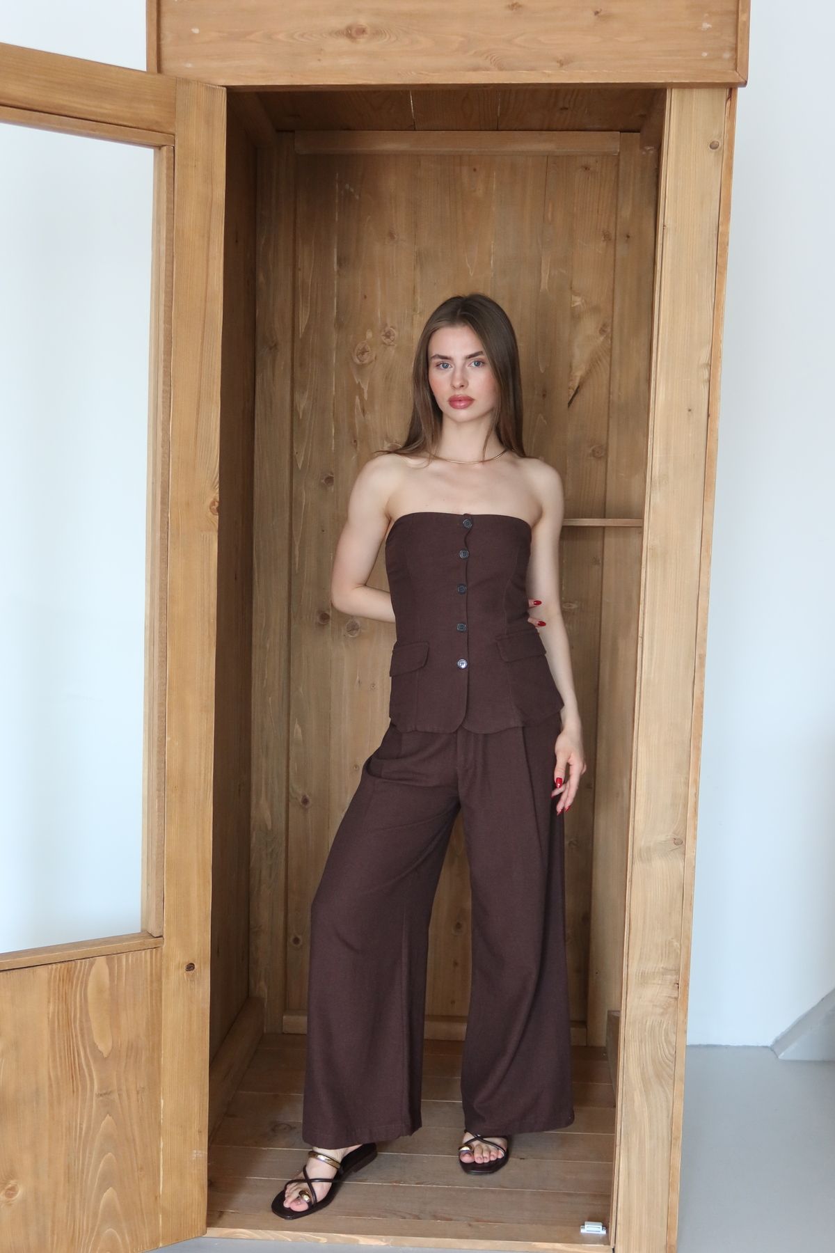 Laluvia Kahverengi Straplez Bol Paça Pantolon Takım