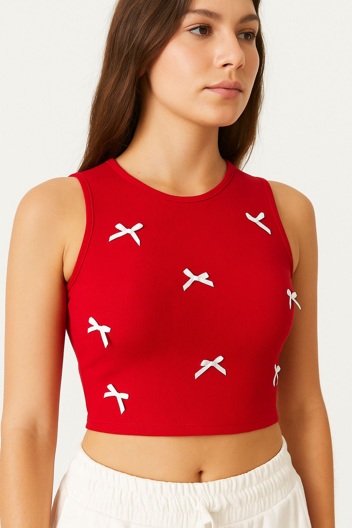 BELISTIL Kırmızı Ottoman/Fitilli Fiyonklu Crop Atlet Bluz