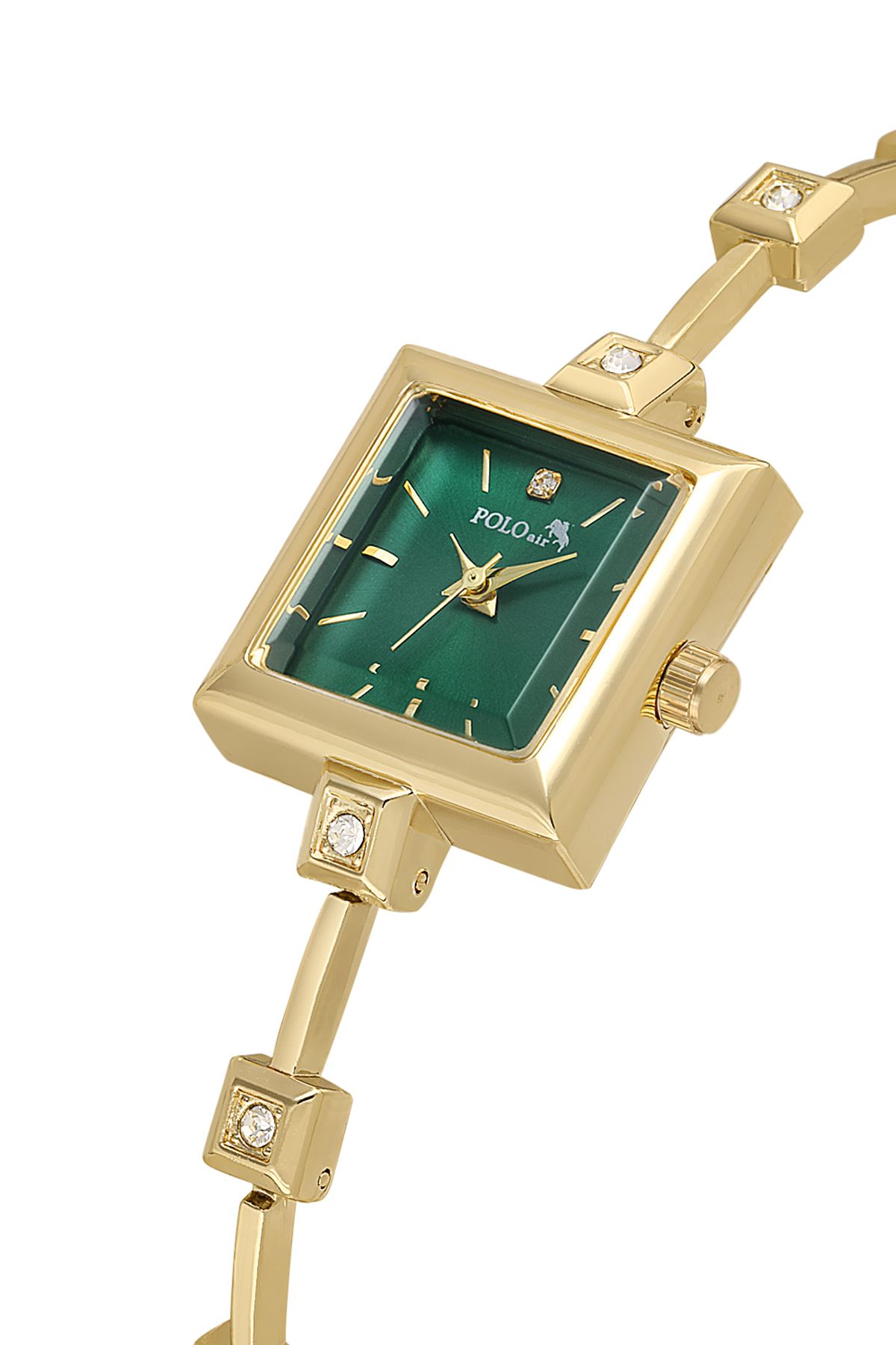 Polo Air Kare Kasa Taşlı Kordon Kadın Kol Saati Gold Yeşil Renk PL-1543B3x