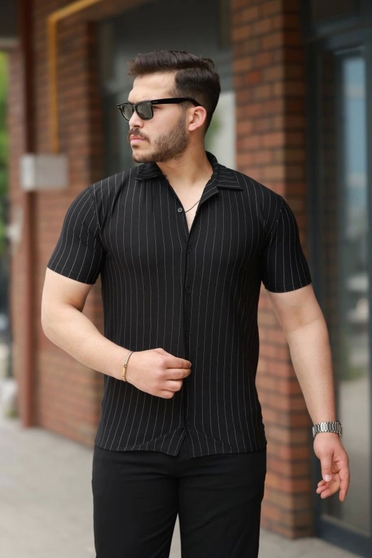 Butik Erkek Kısa Kollu çizgili Gömlek
