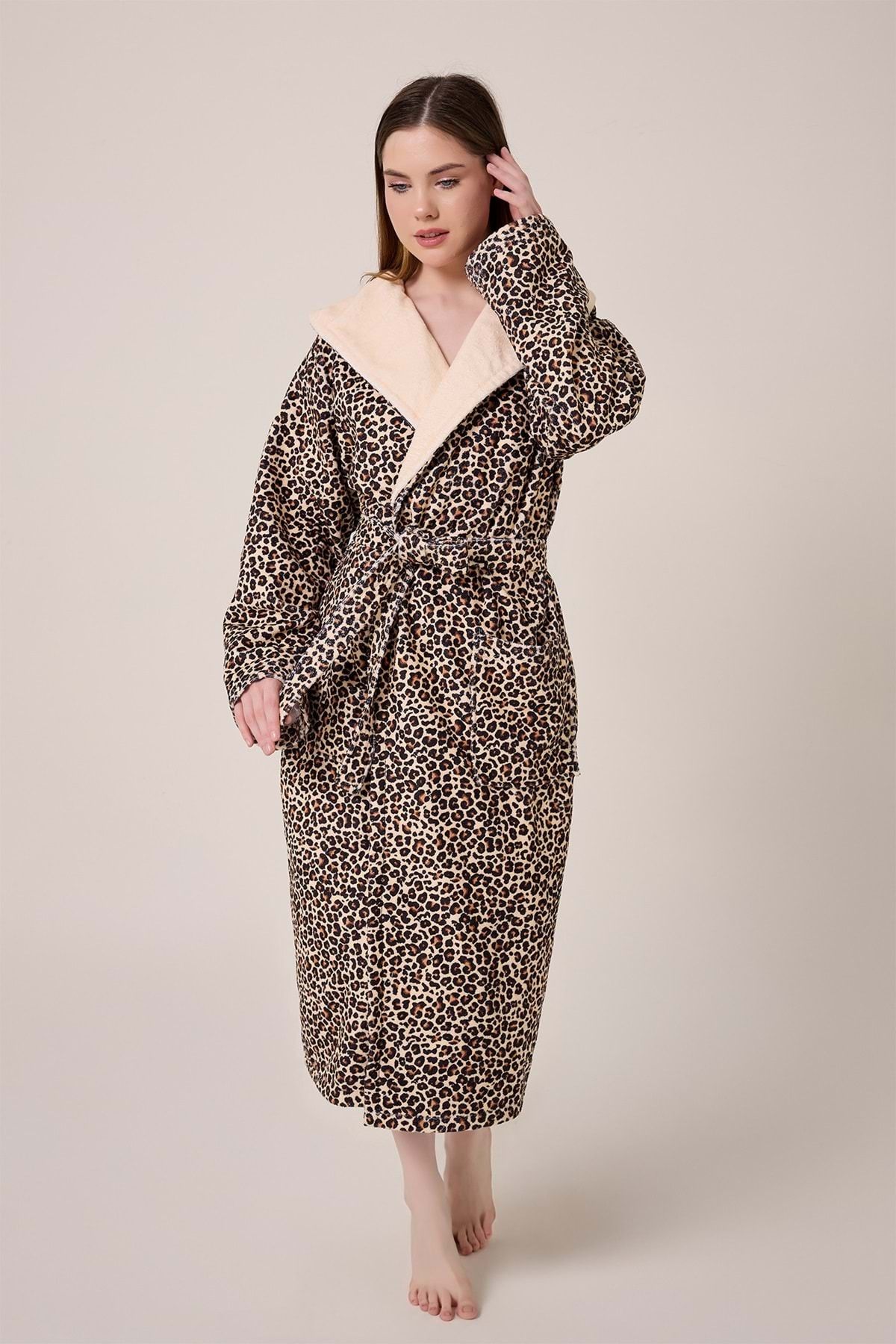VEVİEN HOME-Leopard Patterned Digital Printed Hooded Bathrobe 3