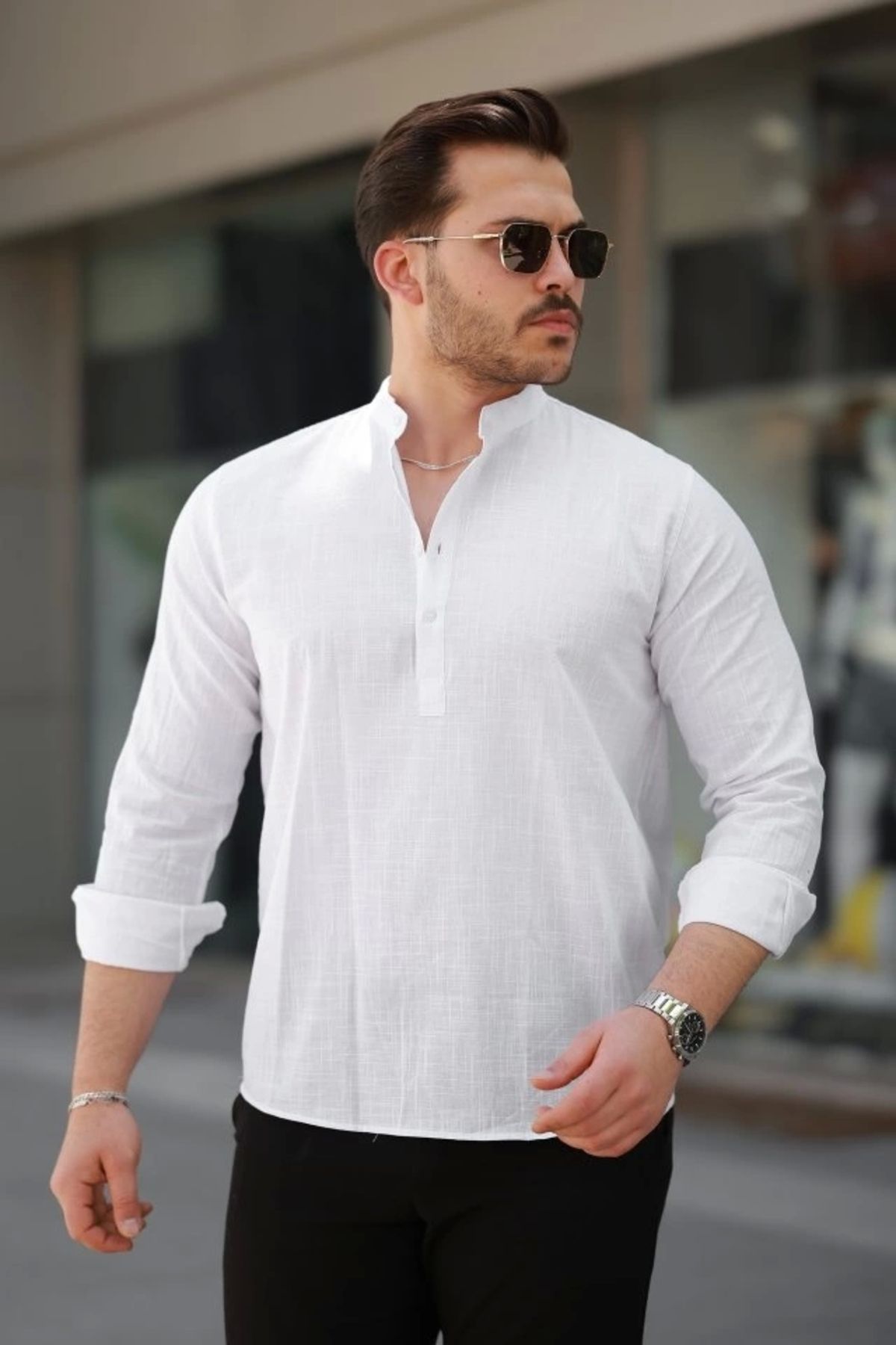 Butik Erkek Hakim Yaka Yarım Düğmeli Keten Gömlek