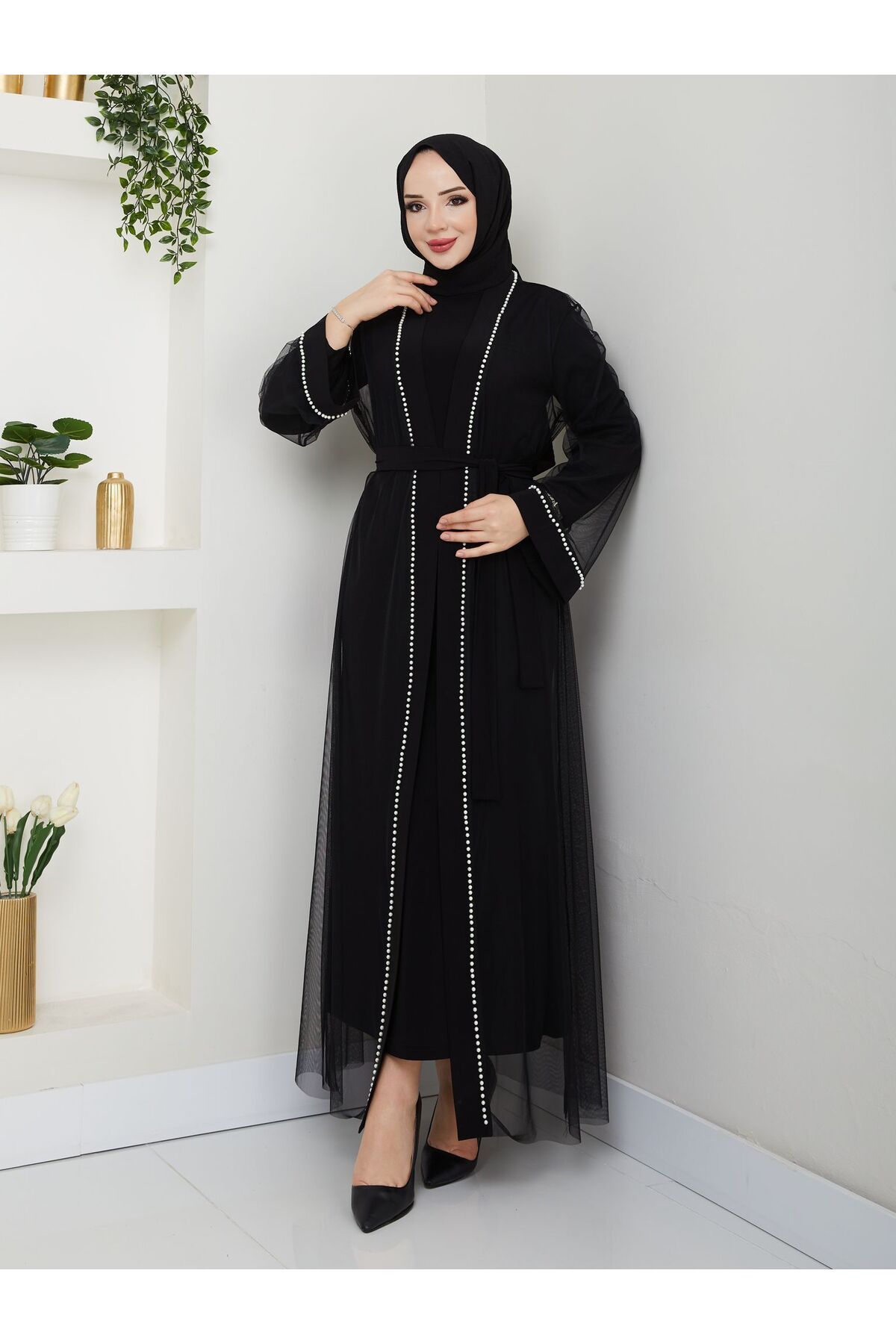 Hakko Tek Şerit İncili 2'li Takım Abaya Abiye