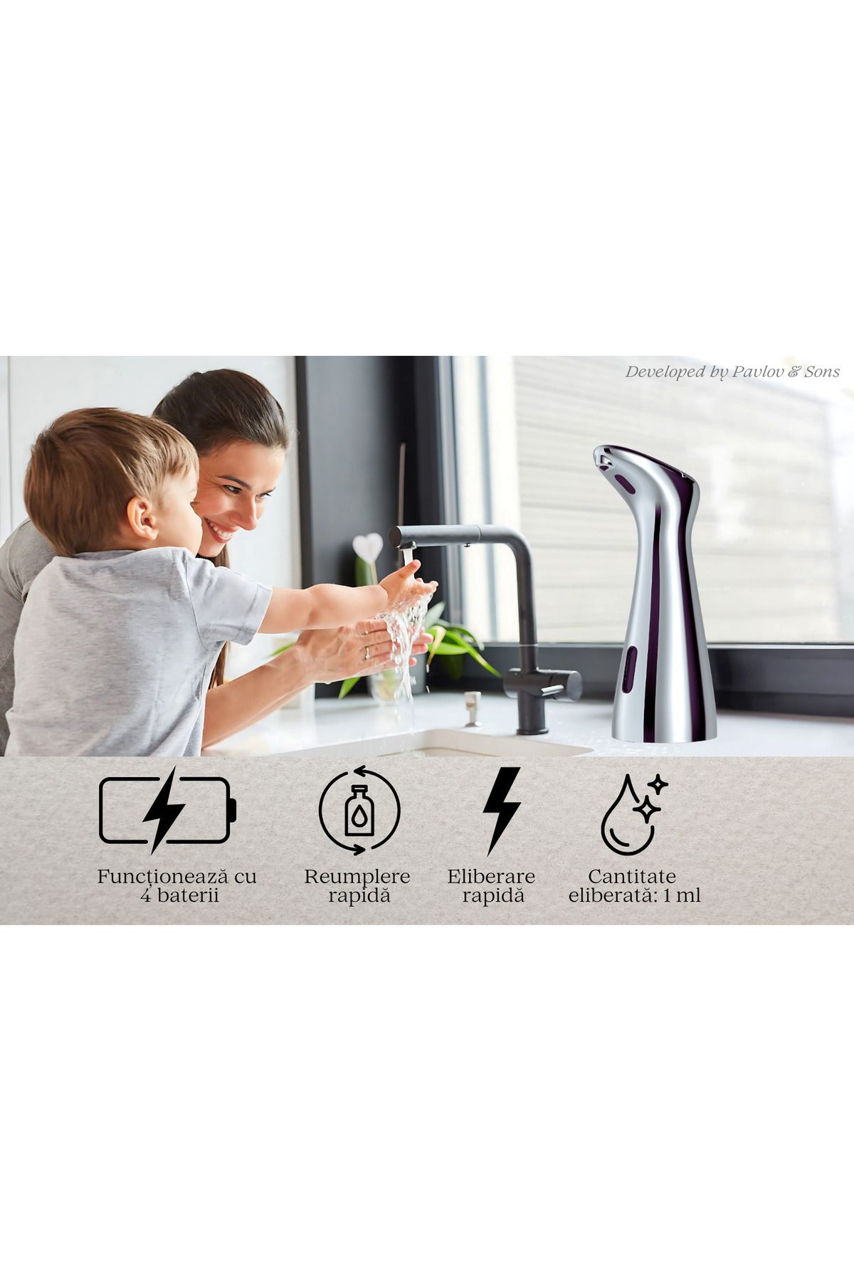 ZEQAS-Dozator Automat Săpun Lichid ZEQAS Touchless Senzor, ABS, PC, Impermeabil, Baie, Bucătărie, Argintiu 5