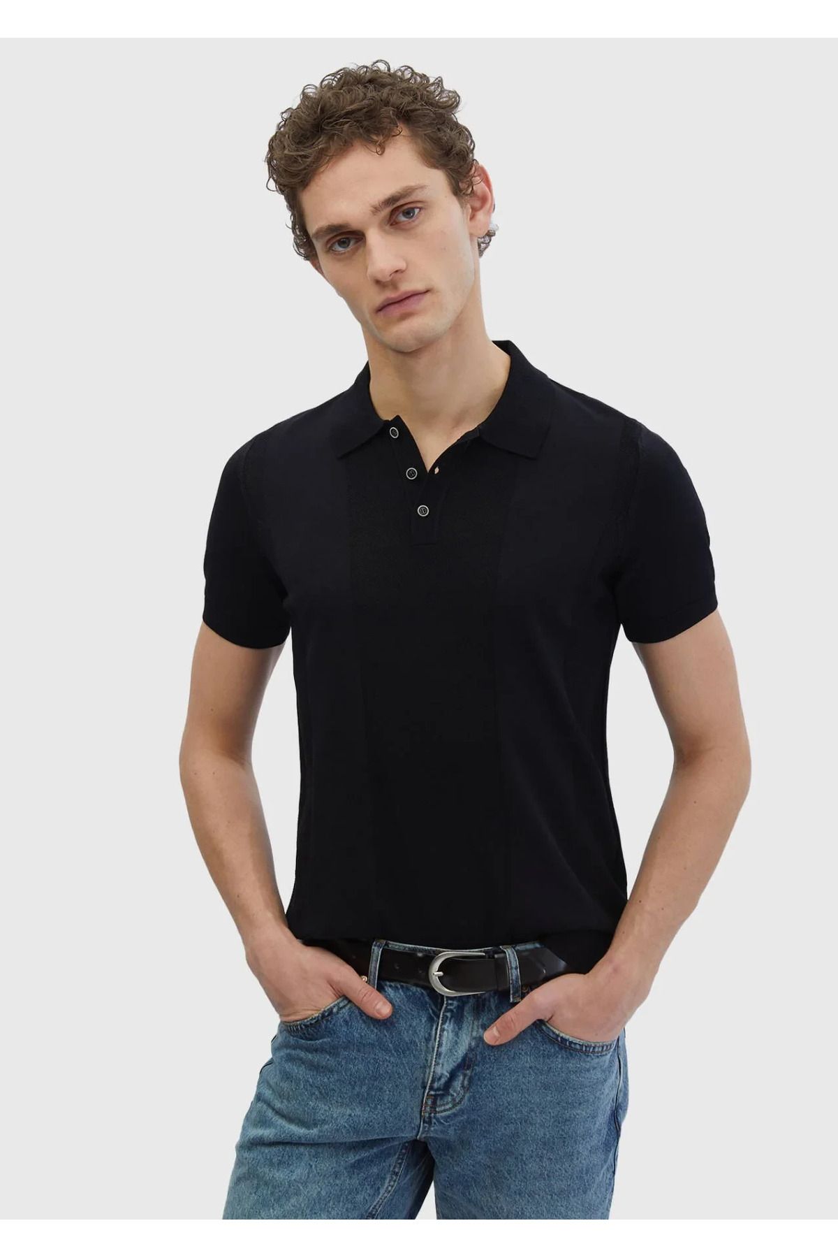Ramsey Siyah Polo Yaka Jakarlı Triko Kazak