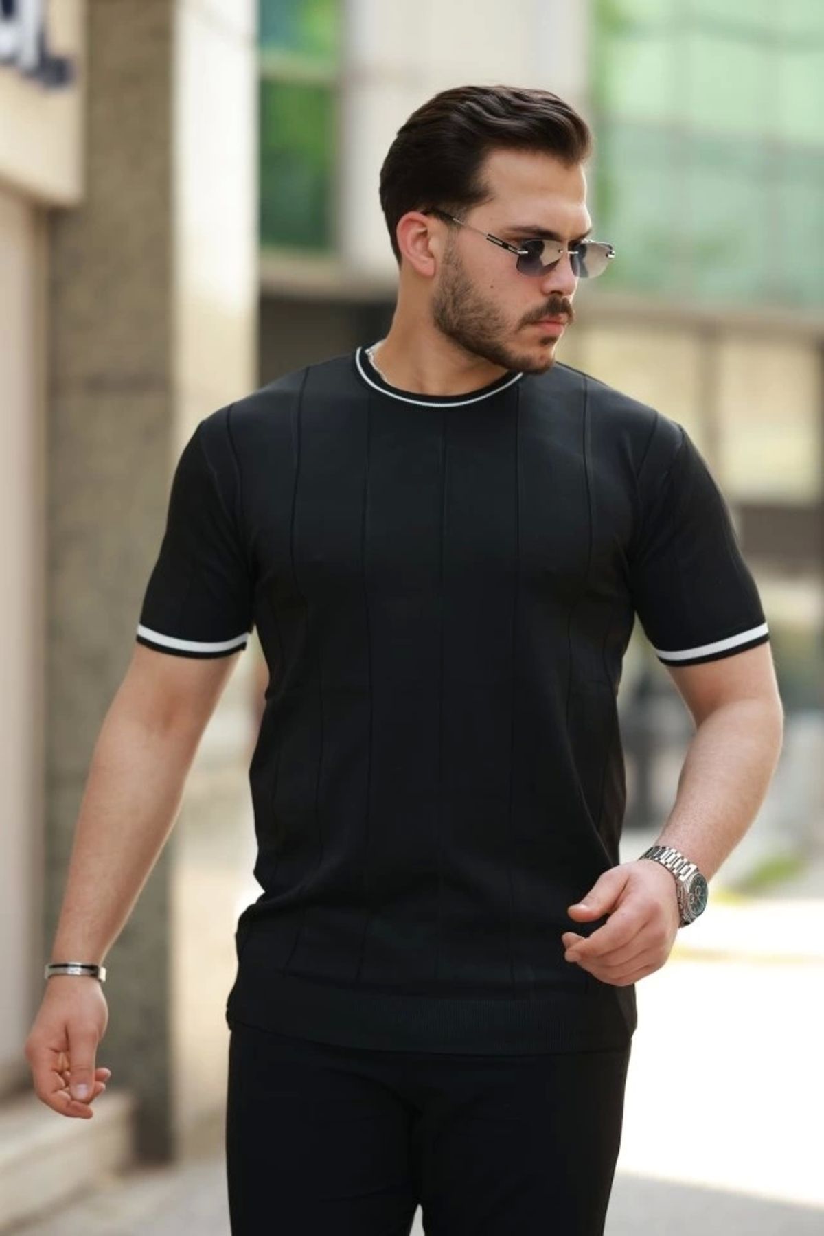 Butik Erkek Bisiklet Yaka çizgi Desenli Ribanalı Kısa Kollu Tshirt