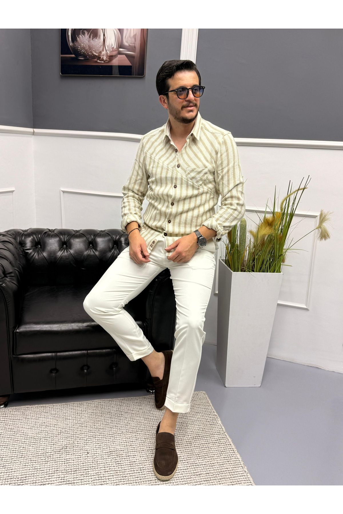 Avni Ceylan Dokuma Triko Detaylı %100 Pamuk Erkek Gömlek