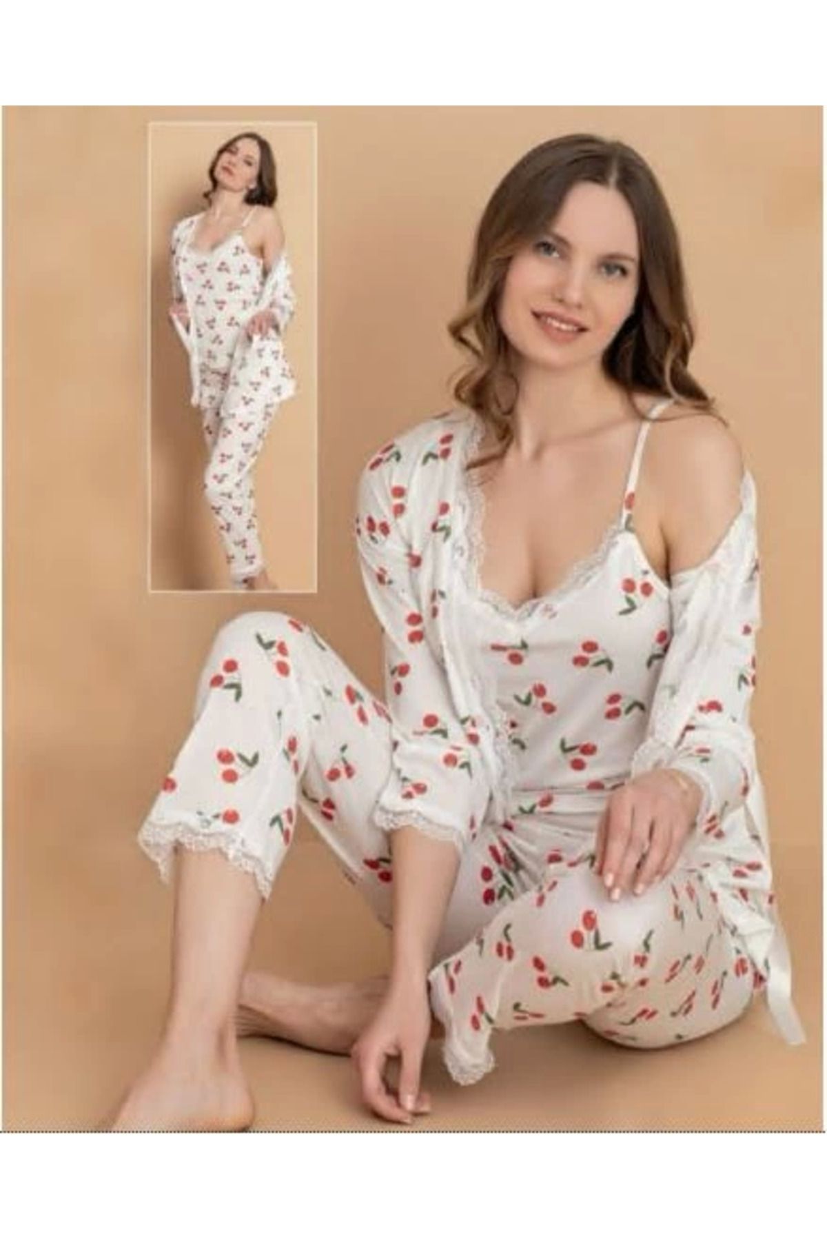 Modafiks Stil Moda 7046 Kadın Kirazlı Askılı Sabahlıklı Pijama Takımı