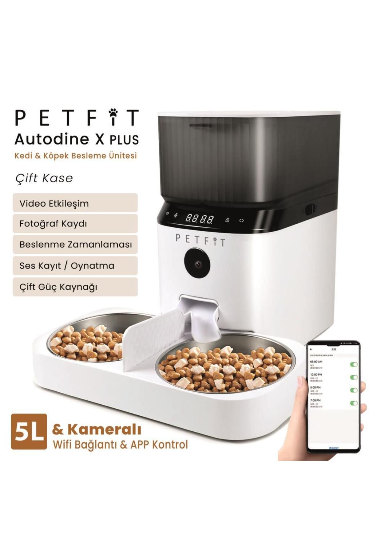 Petfit AutoDine X Plus 5L Wi-Fi Kameralı Çift Kase Akıllı Otomatik Kedi Köpek Mama Kabı Besleme Ünit