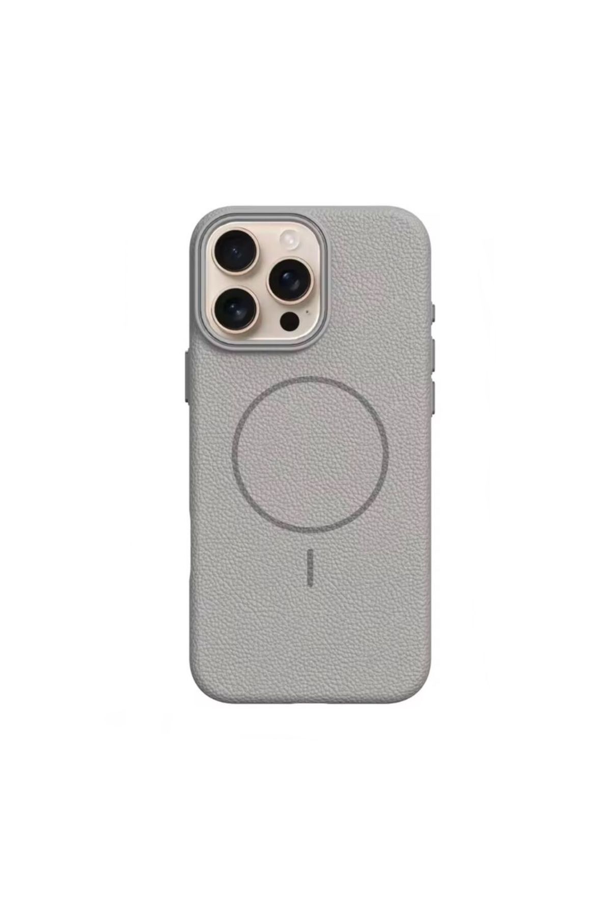 Gpack iPhone 15 Pro Max uyumlu Kılıf Deri Desen M-Safe Özellikli Lichee Silikon Gri