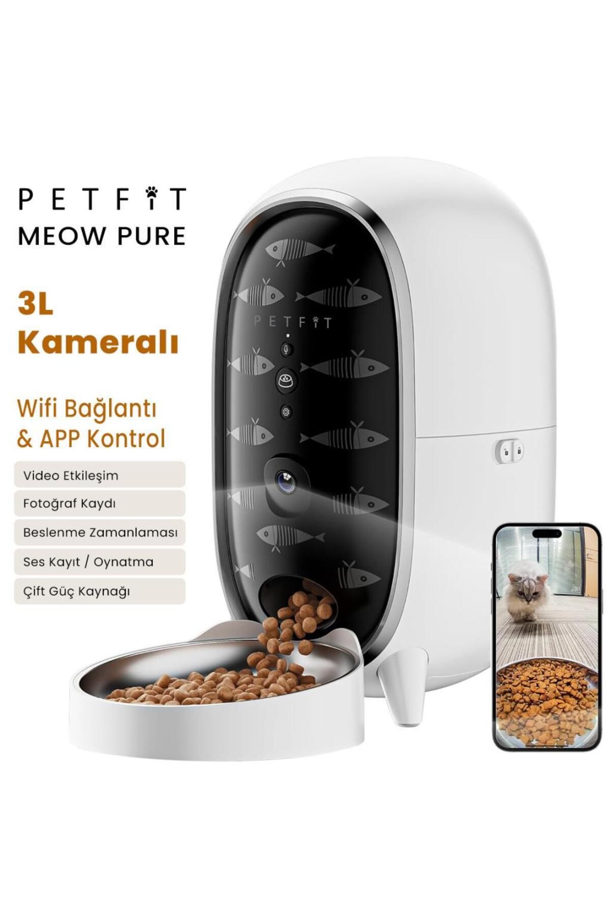 Petfit Meow Pure 3L Wi-Fi Kameralı Akıllı Otomatik Kedi Köpek Mama Kabı Besleme Ünitesi (Sesli Komut