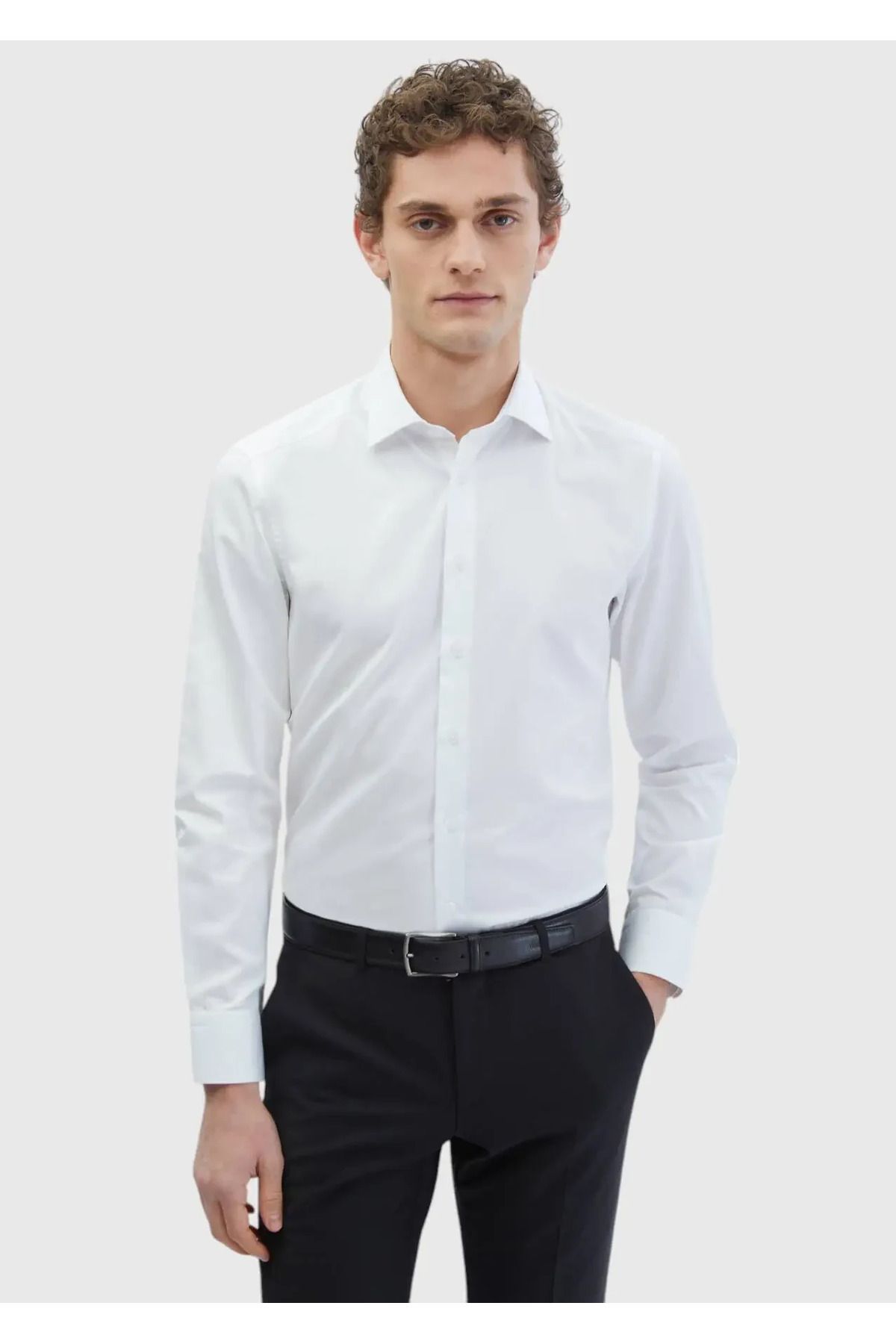 Ramsey Beyaz Düz Slim Fit Dokuma Klasik %100 Pamuk Gömlek