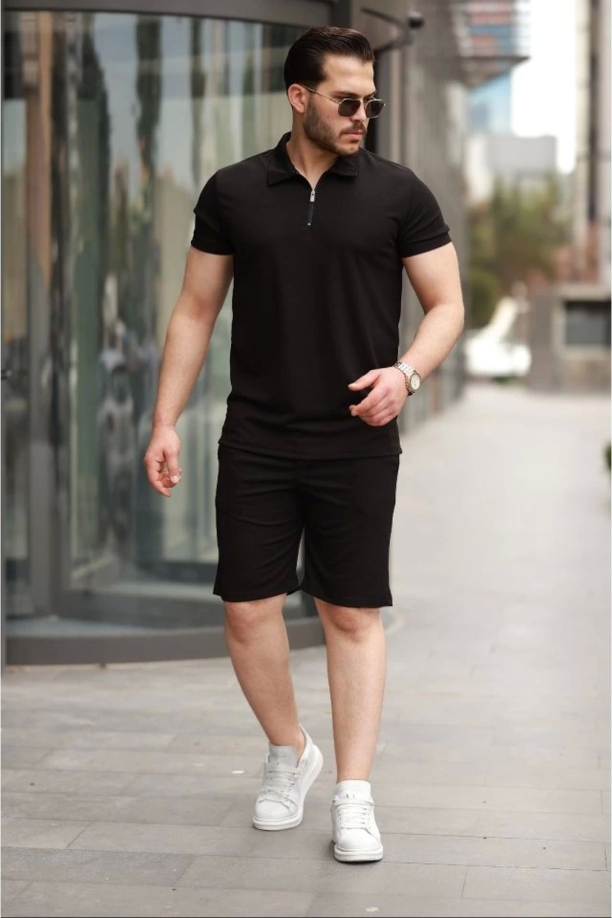 Butik Erkek Yakalı Fermuarlı T-shirt şort Ikili Takım