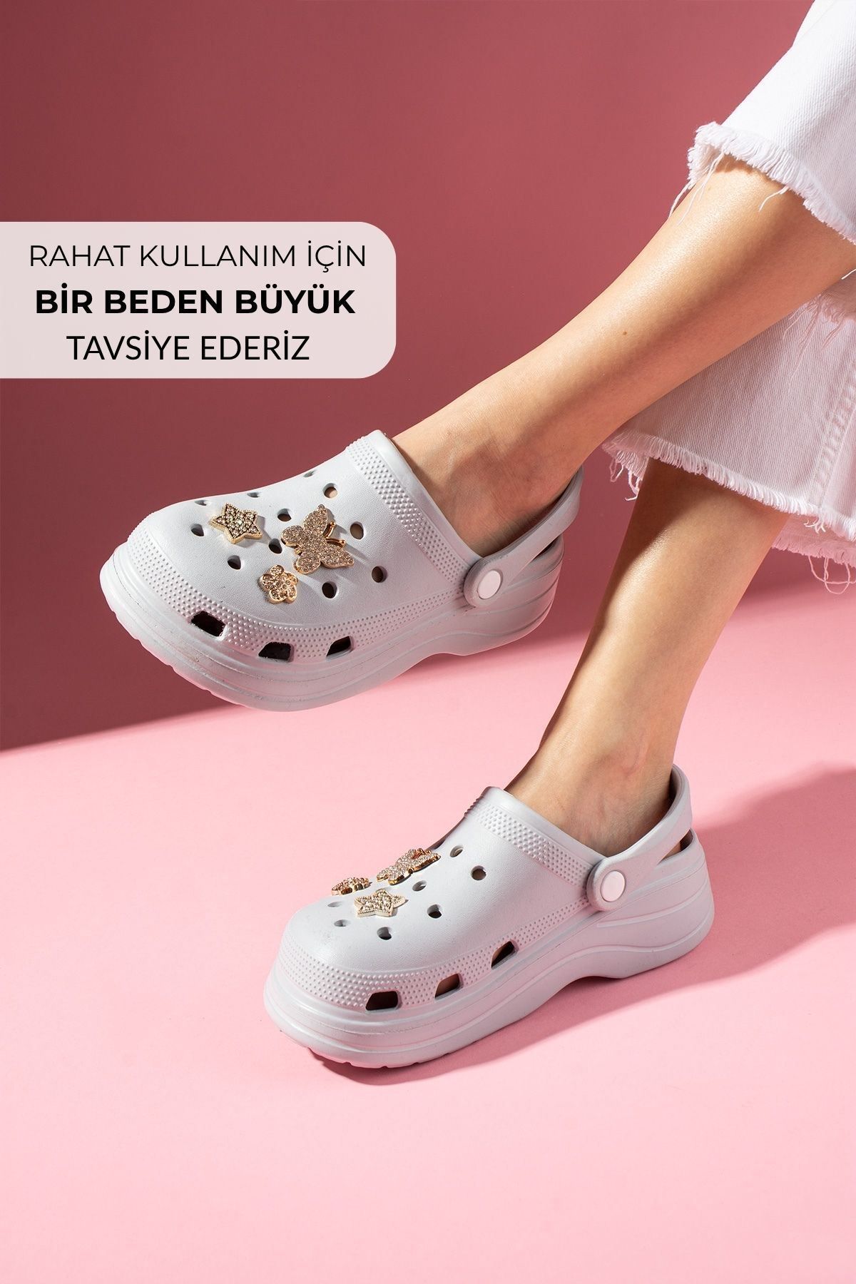 FUGA MODA Suzy Gri Kelebek Yıldız Çiçek Taşlı Aksesuarlı Poliüretan Delikli Önü Kapalı Islak Zemin Erkek Terl