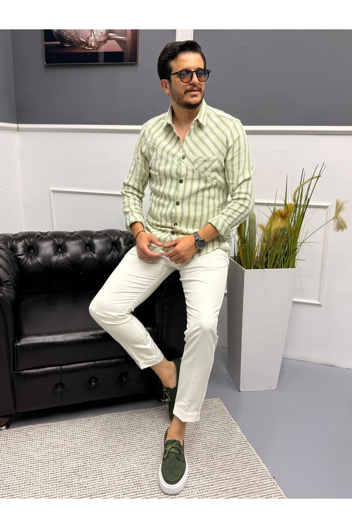 Avni Ceylan Dokuma Triko Detaylı %100 Pamuk Erkek Gömlek