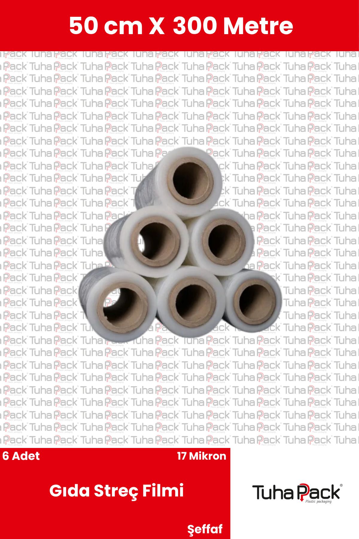 tuhapack plastic packaging Streç Film 50cm X 300m 6 Adet, Şeffaf, 17 Mikron, 2000 Gr, Dayanıklı Eşya Ve Koli Streci