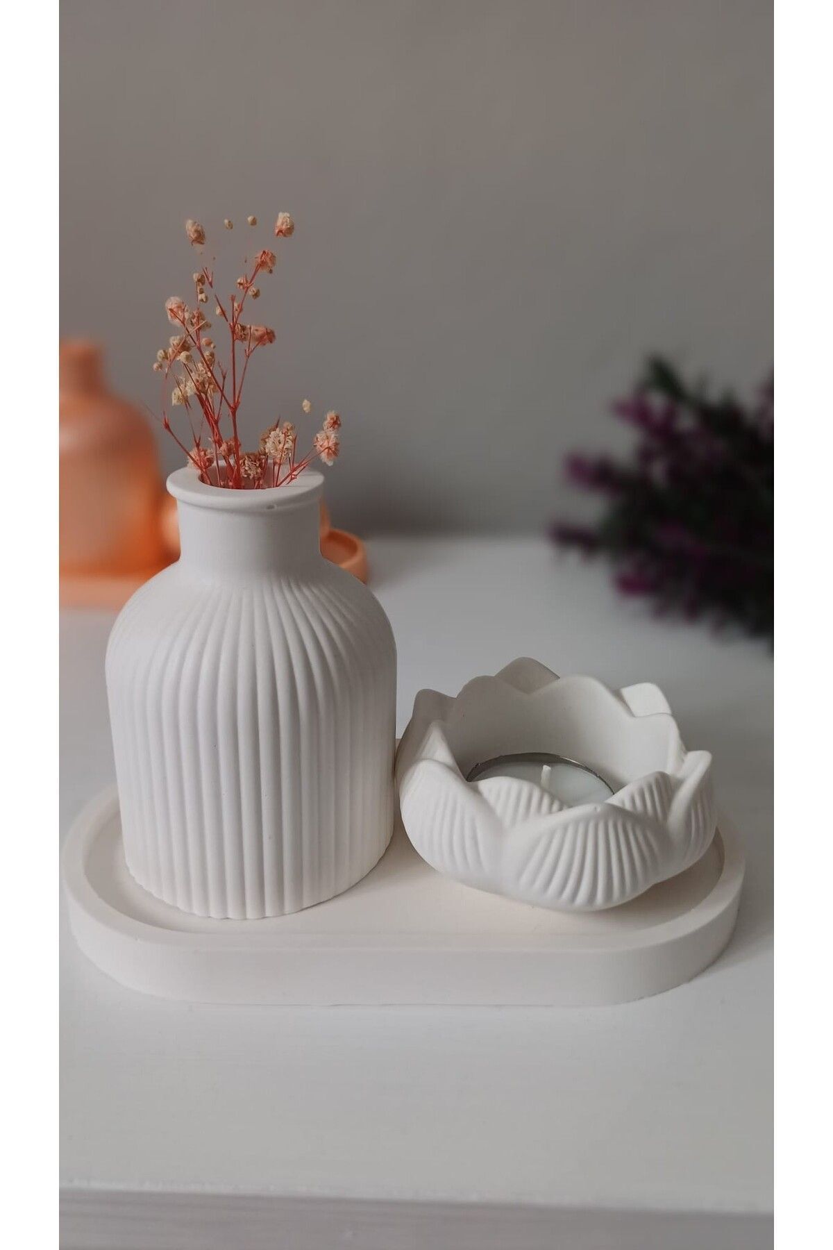 SerenityHaven ANNELER GÜNÜ ÖZEL 3'LÜ SET LOTUS MUMLUK, DEKORATİF TEPSİ, VAZO