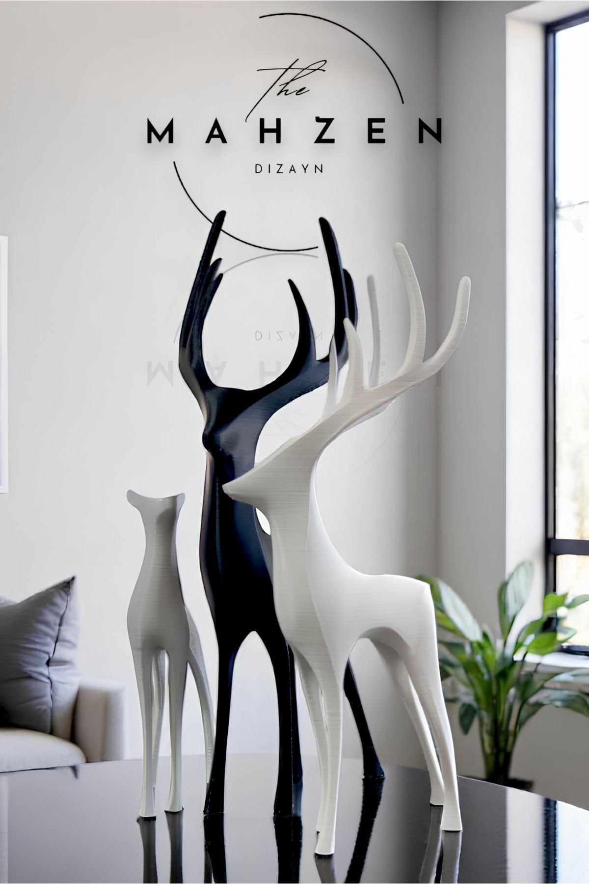 SerenityHaven Soyut Geyik Aile Figürlü Modern Dekoratif Biblo Beyaz-Siyah Hediyelik 3Lü Set