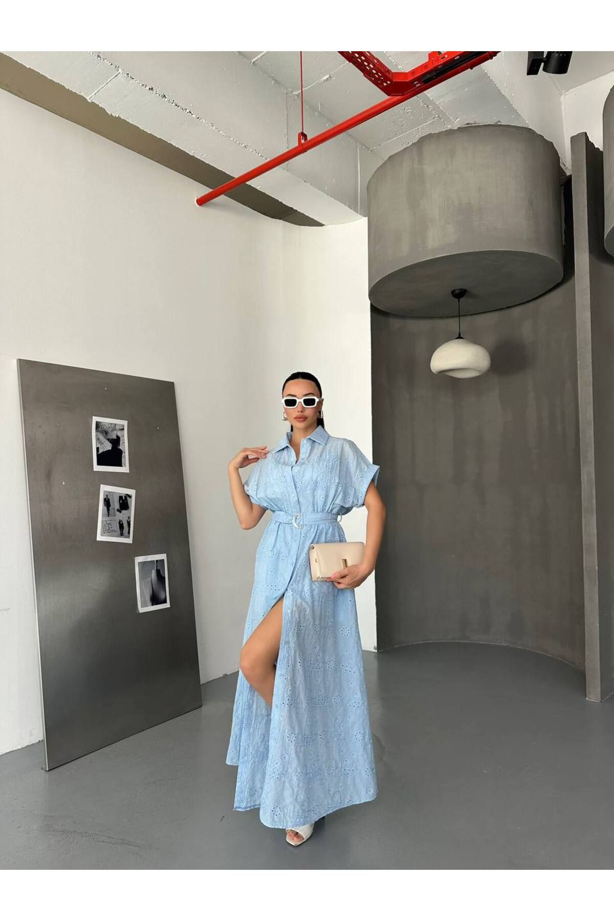 Hotfashion Fisto Kısa Kollu Kemerli Gömlek Elbise