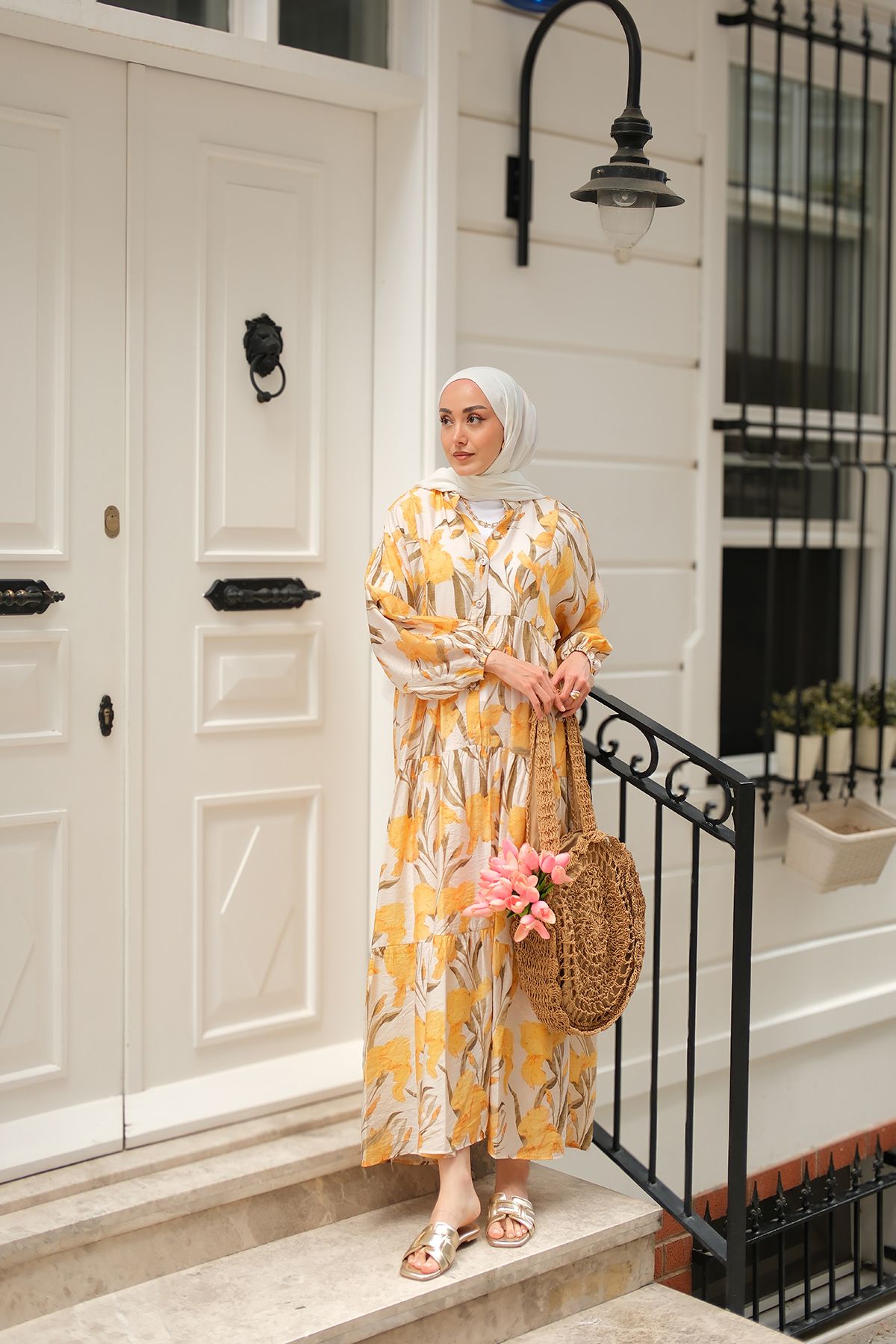 LOCCO Kadın Flora Çicek Desenli Elbise Sarı