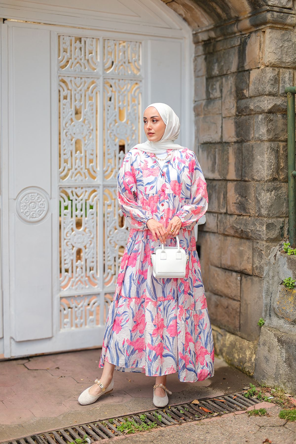 LOCCO Kadın Flora Çicek Desenli Elbise Pembe