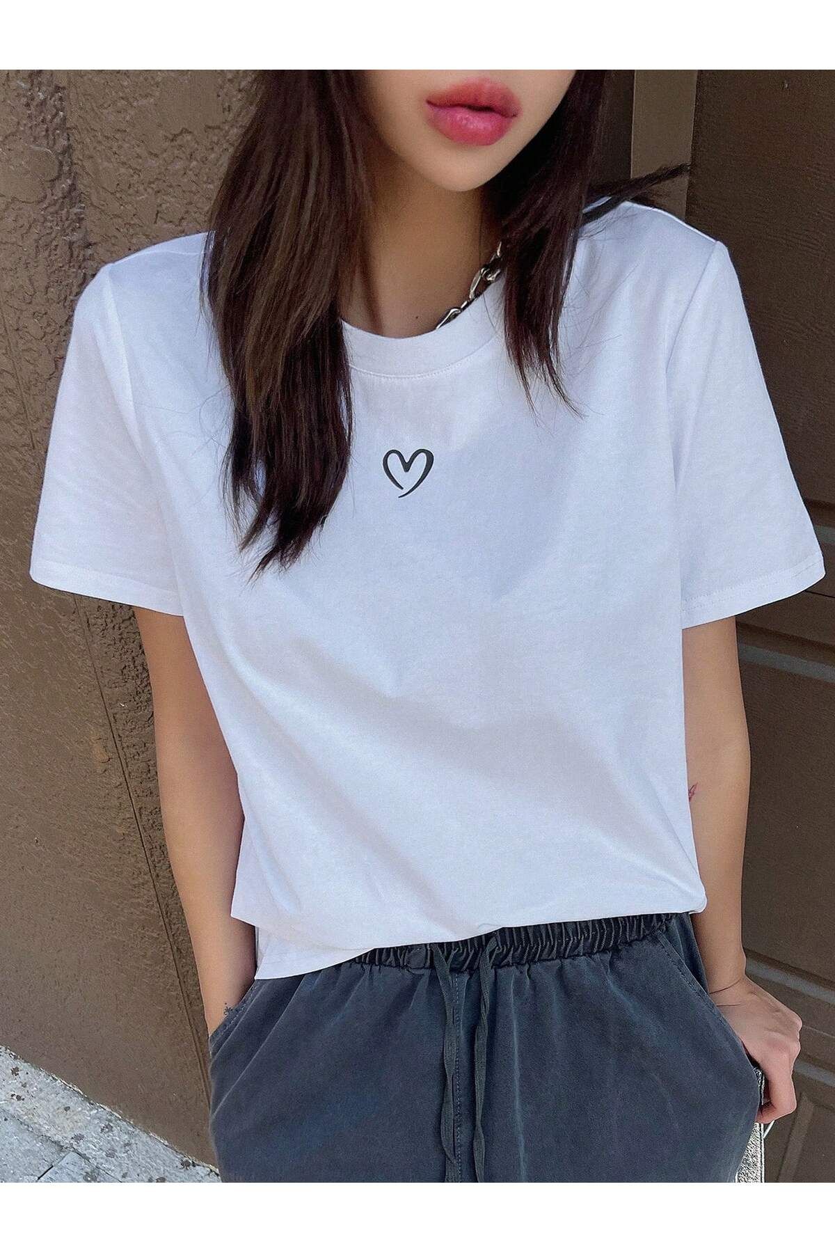ELNOYA Unisex Siyah Oversize Tişört "Kalp" Baskılı Rahat Günlük T-shirt
