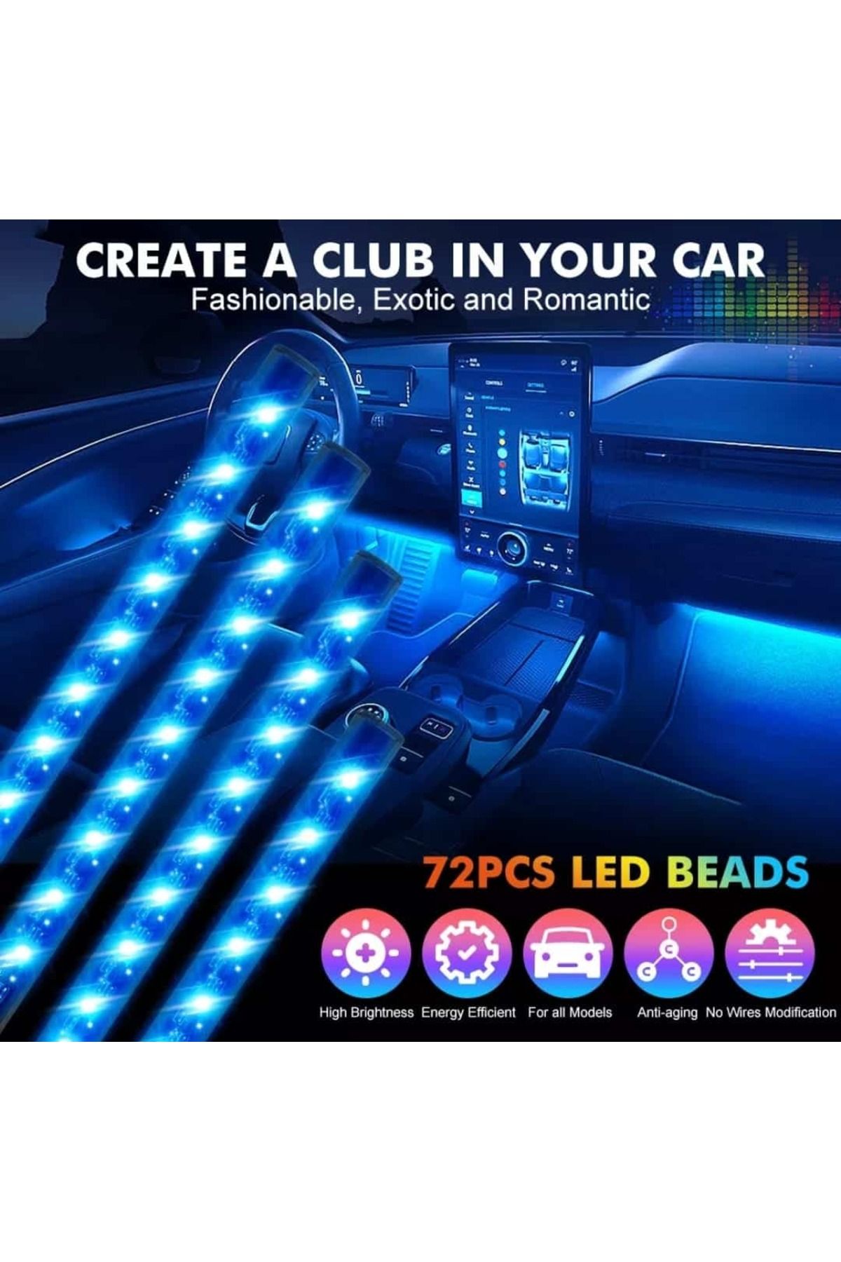 AUTOREY-Kit de lumini ambientale auto pentru interior cu 18 LED-uri RGB, conexiune USB, control prin aplicație, intensitate reglabilă 9