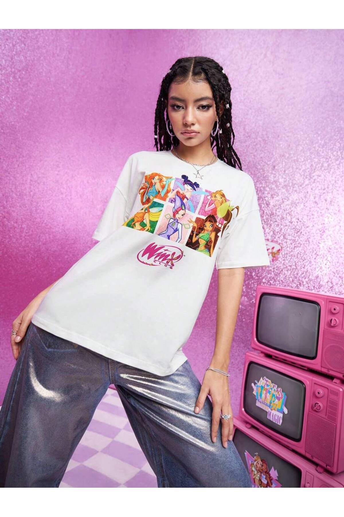 ELNOYA Unisex Pamuklu Beyaz Oversize "Çizgi Filim" Baskılı Bisiklet Yaka Rahat Günlük T-shirt