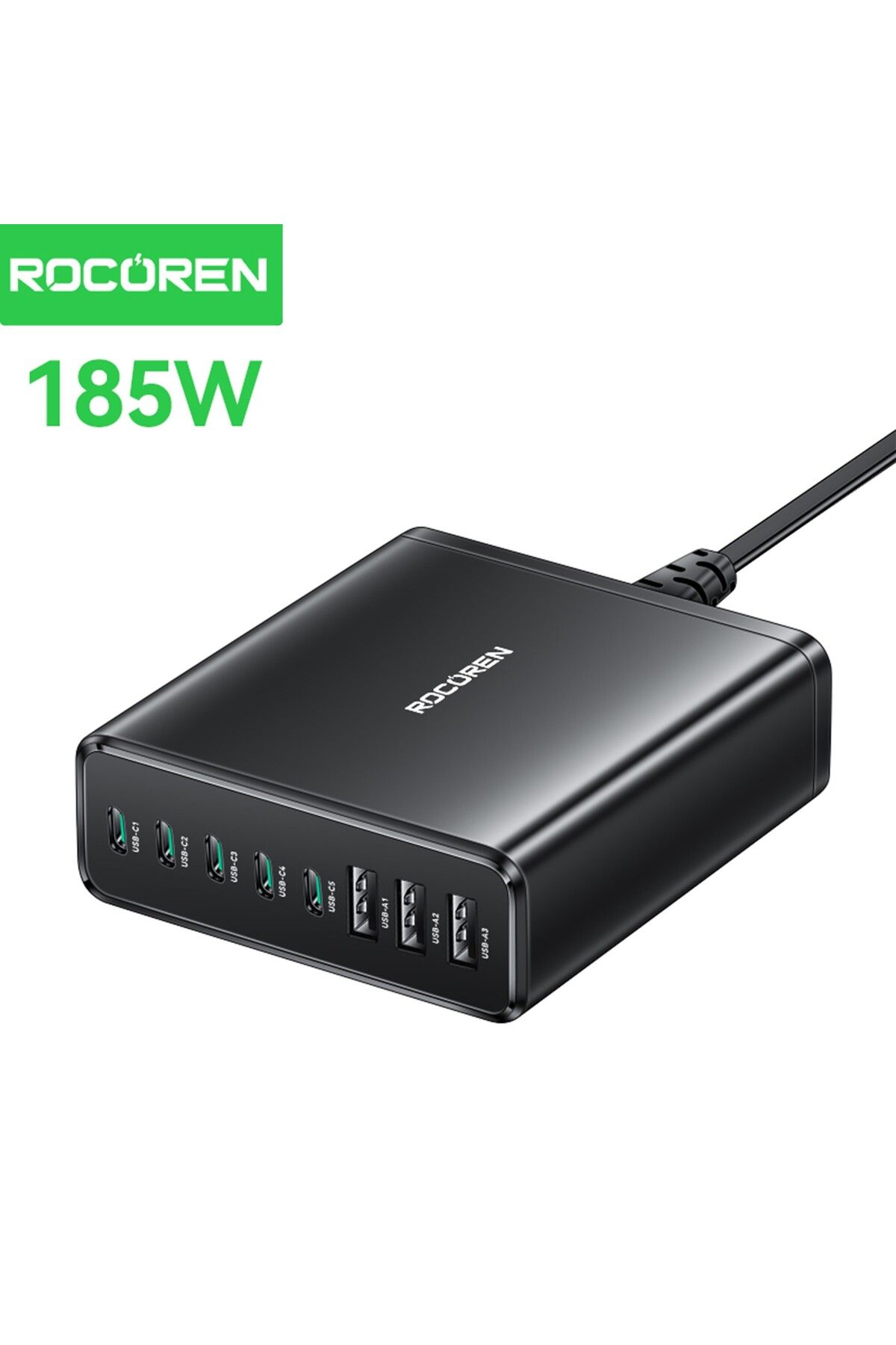 Rocoren 185W 8 Portlu GaN Şarj Cihazı 5*Type-C 3*USB-A Notebook iPhone Samsung Uyumlu Şarj İstasyonu