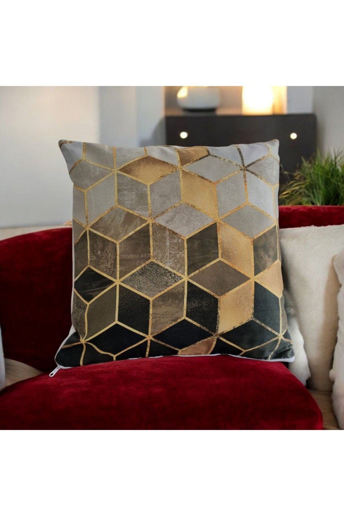 Mutlu Köşe Dijital Baskı Geometrik Desenli Pamuklu Kırlent Kılıfı