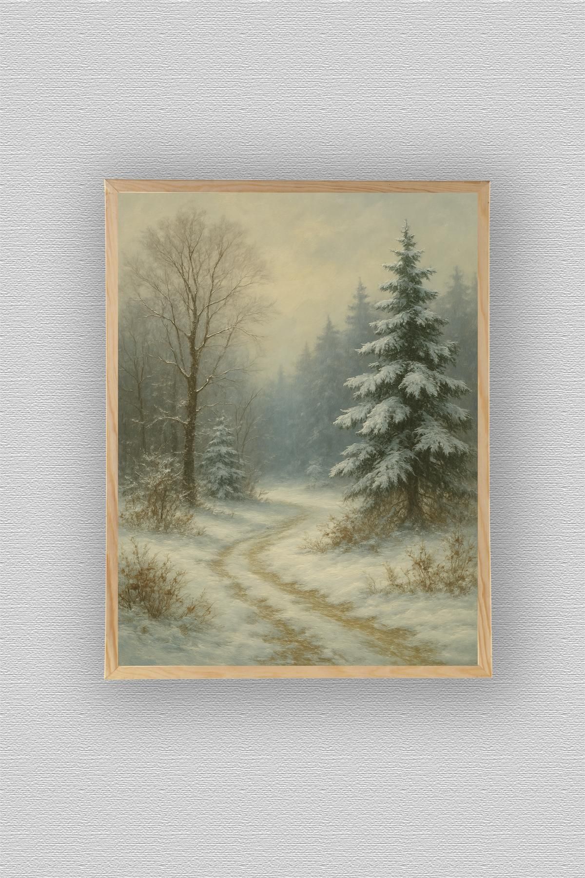 WoodyArts Orman Yolu ve Kış - Ahşap Desenli Çerçeve