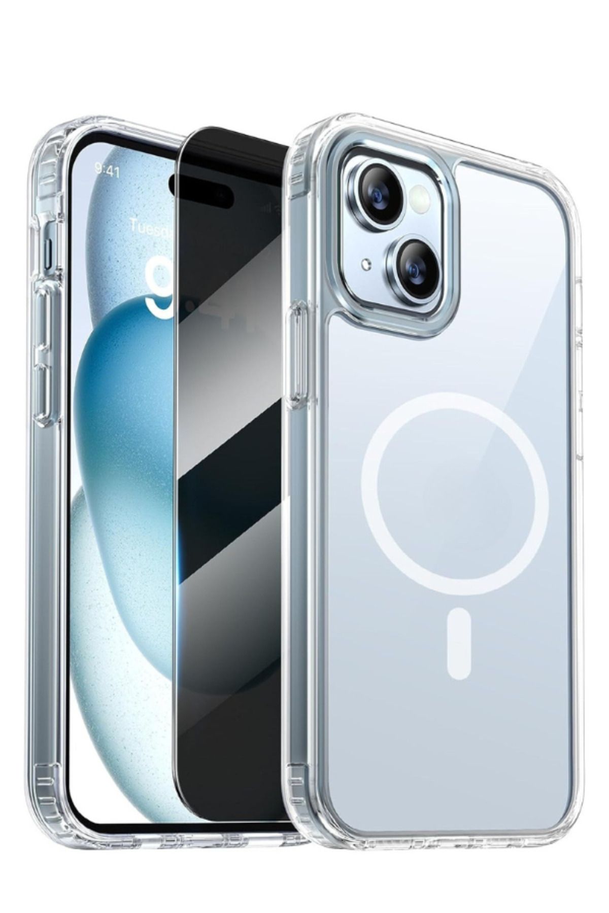 EVAX 1H1M iPhone 15 Uyumlu 1 Hayalet Cam Ekran Koruyucu & 1 Magsafe Kılıf