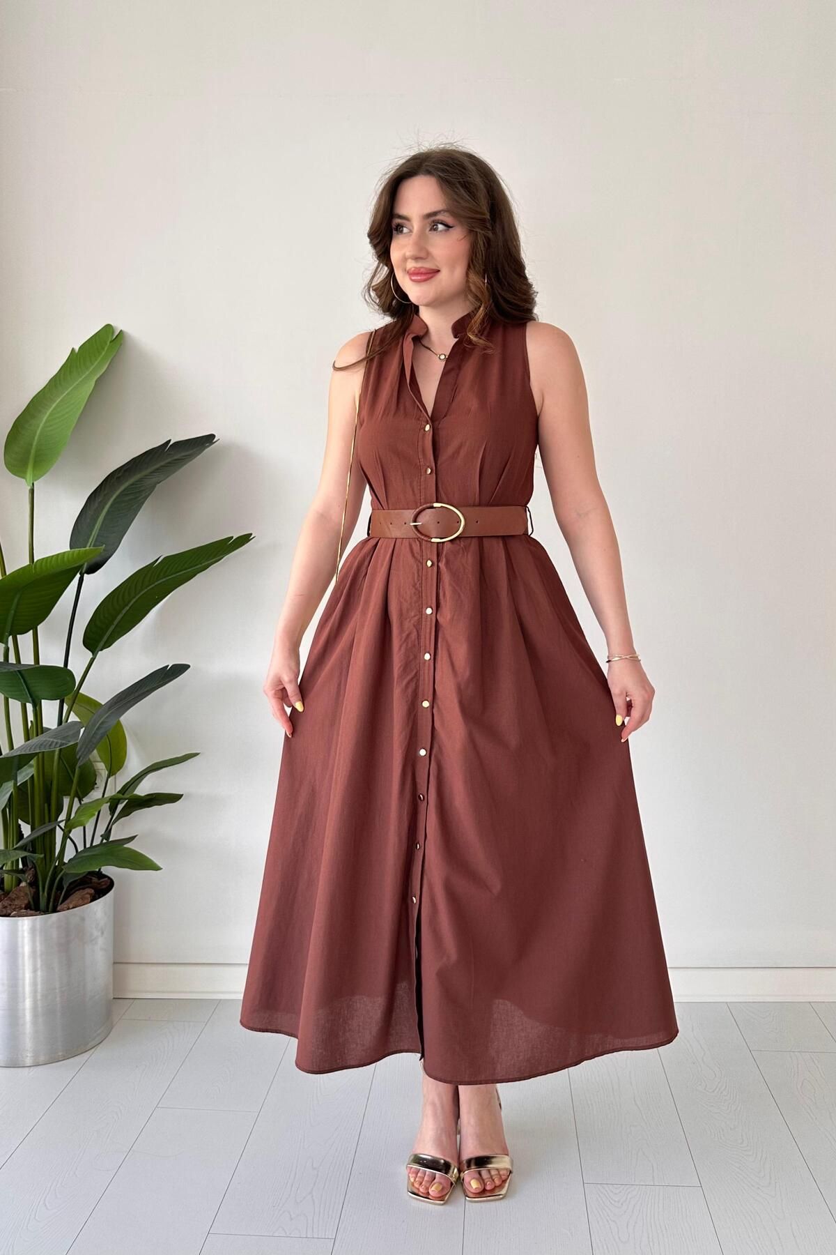 MaziButik Astarlı Summer Elbise Kahve