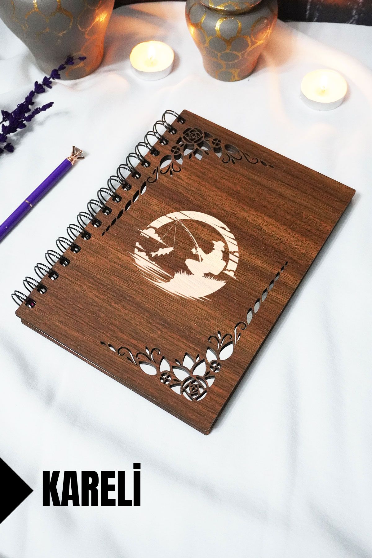 markcat Balıkçı Ahşap Kapaklı Defter - Çizgili Defter - 60 yaprak (120 sayfa) - A5 15x21 cm