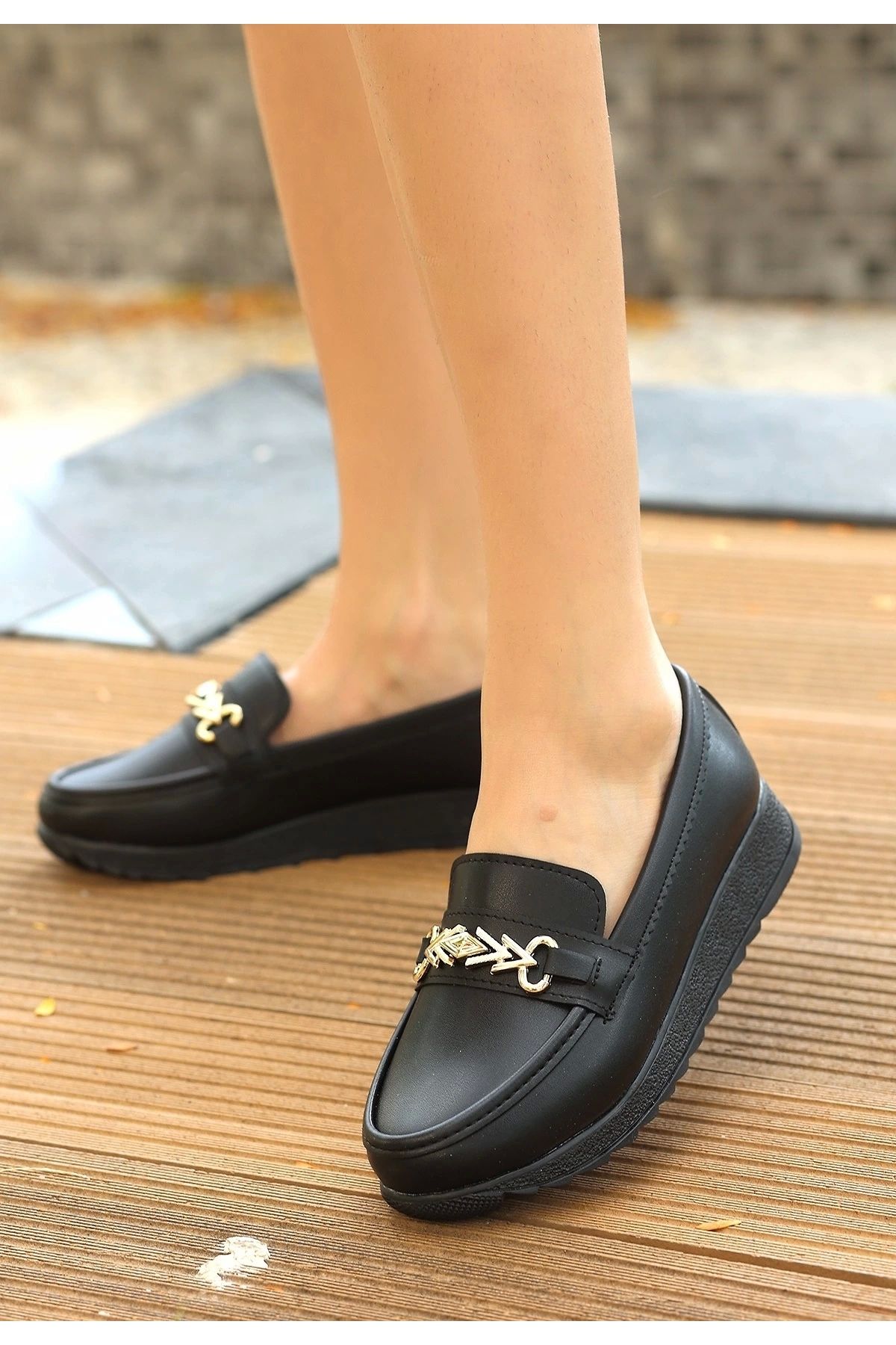 BellevieStore Leyd Siyah Cilt Babet Ayakkabı