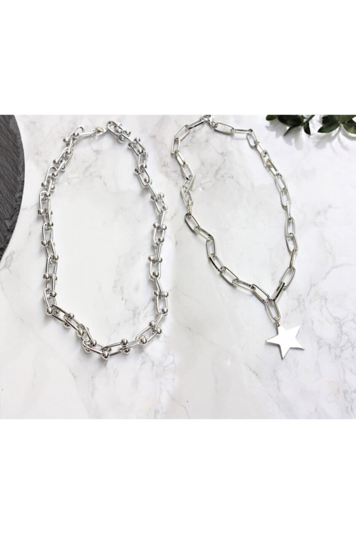 JEWELRY Gümüş Kaplama Ikili Kombin Kolye Yıldız Kolye Ve Blanca Kolye
