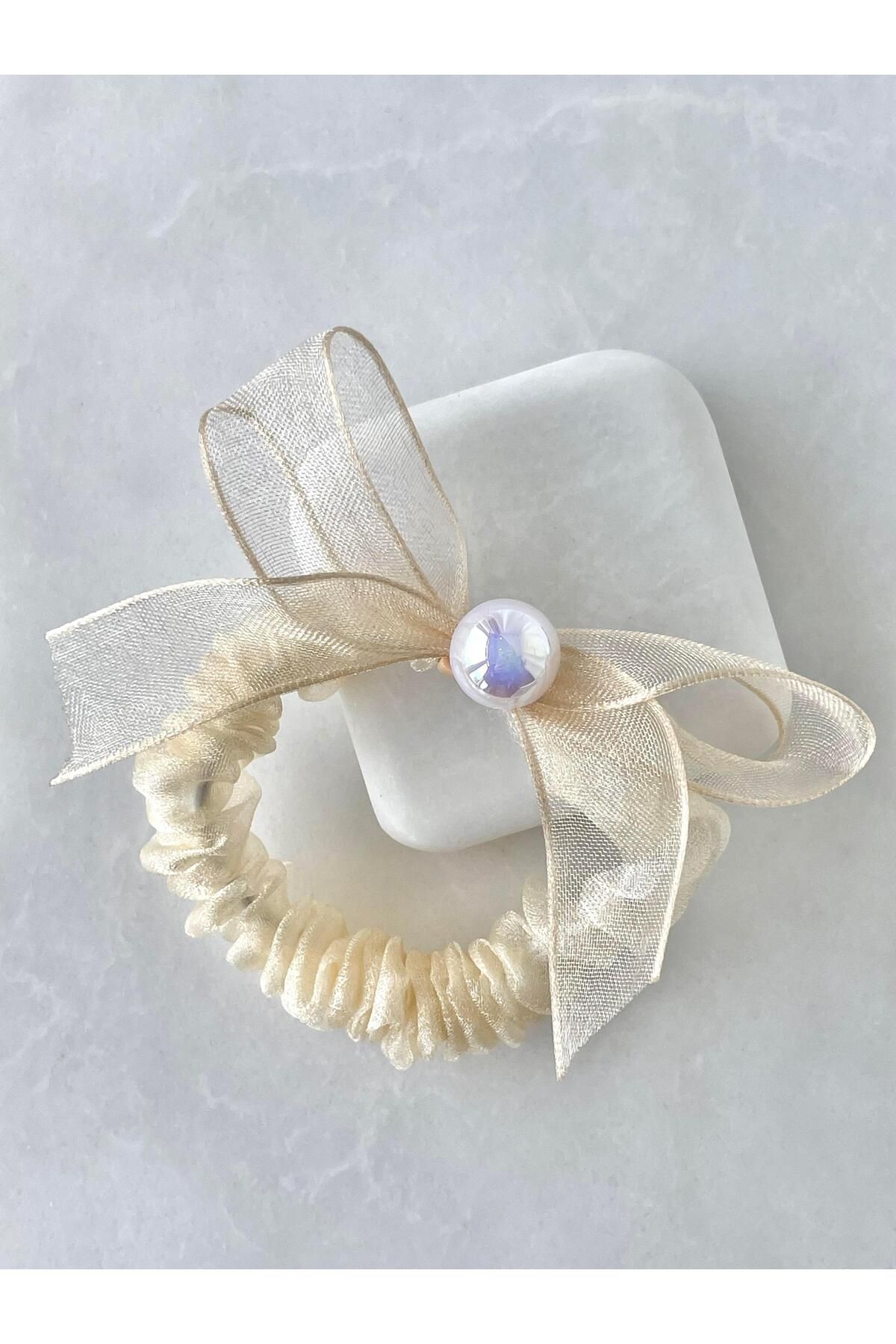 Seda Bijuteri Organze Tül Scrunchie Toka Ekru