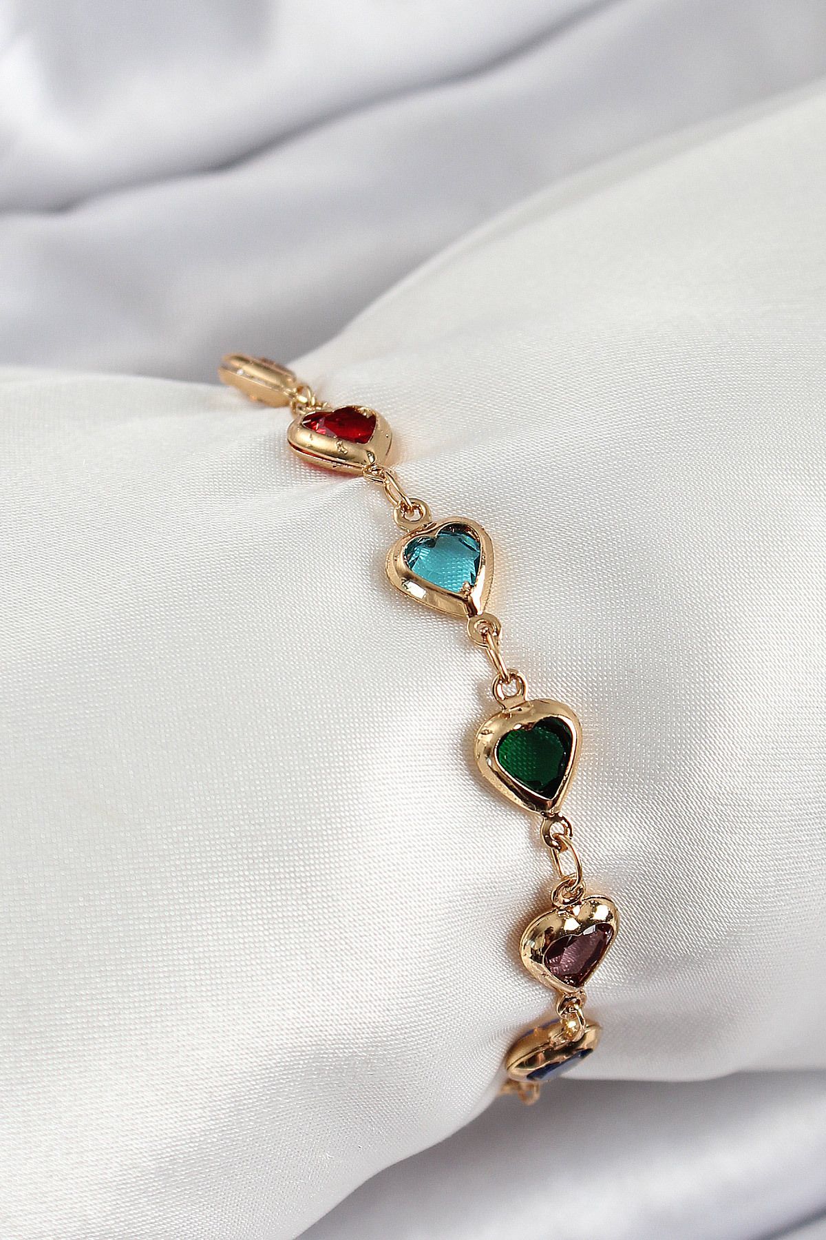 STİLLOVE Pirinç Gold Renk Karışık Renk Kalp Zirkon Taşlı Kadın Bileklik SL12208