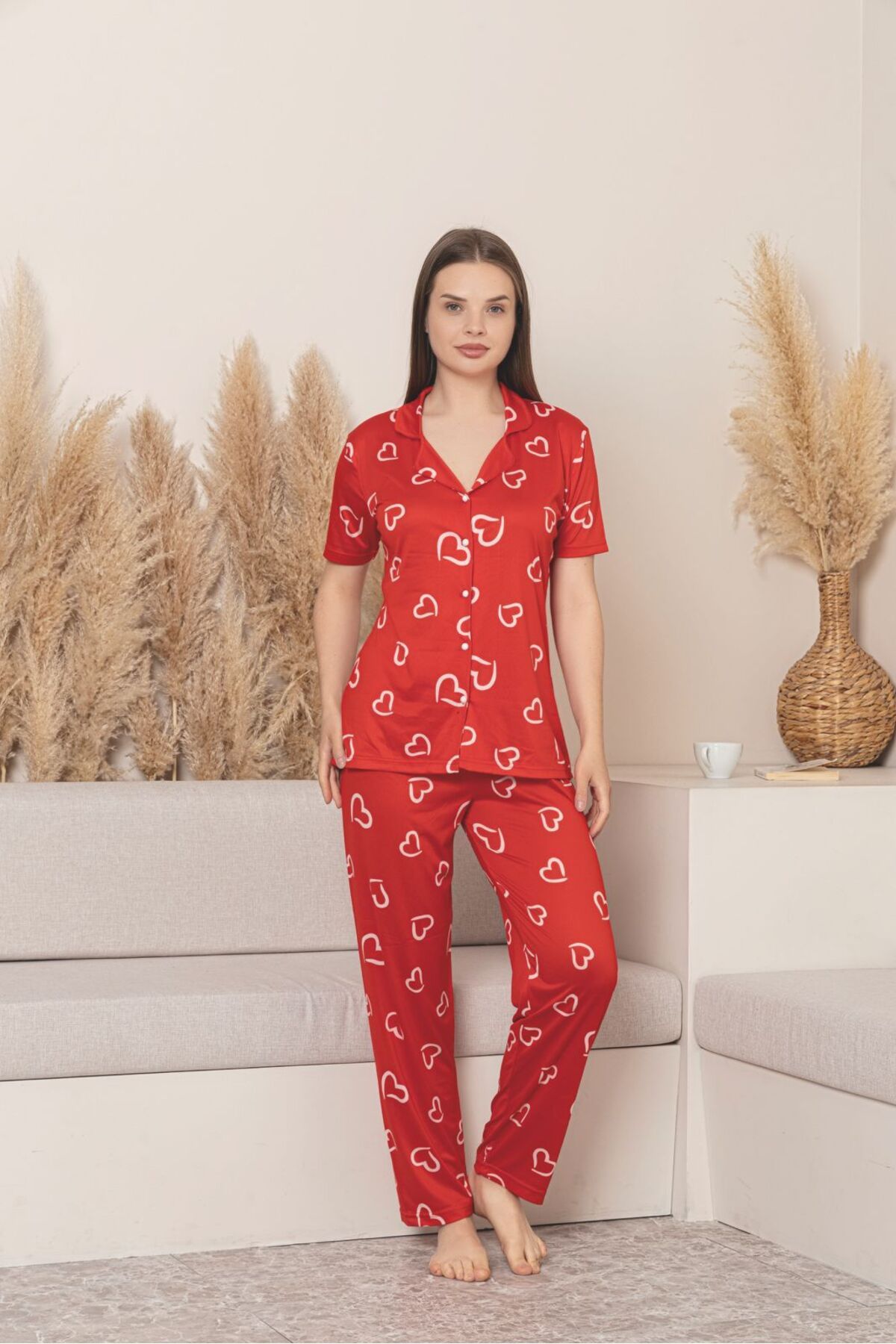 Asel Kısa Kollu Boydan Düğmeli Likralı Milan Pijama Takımı