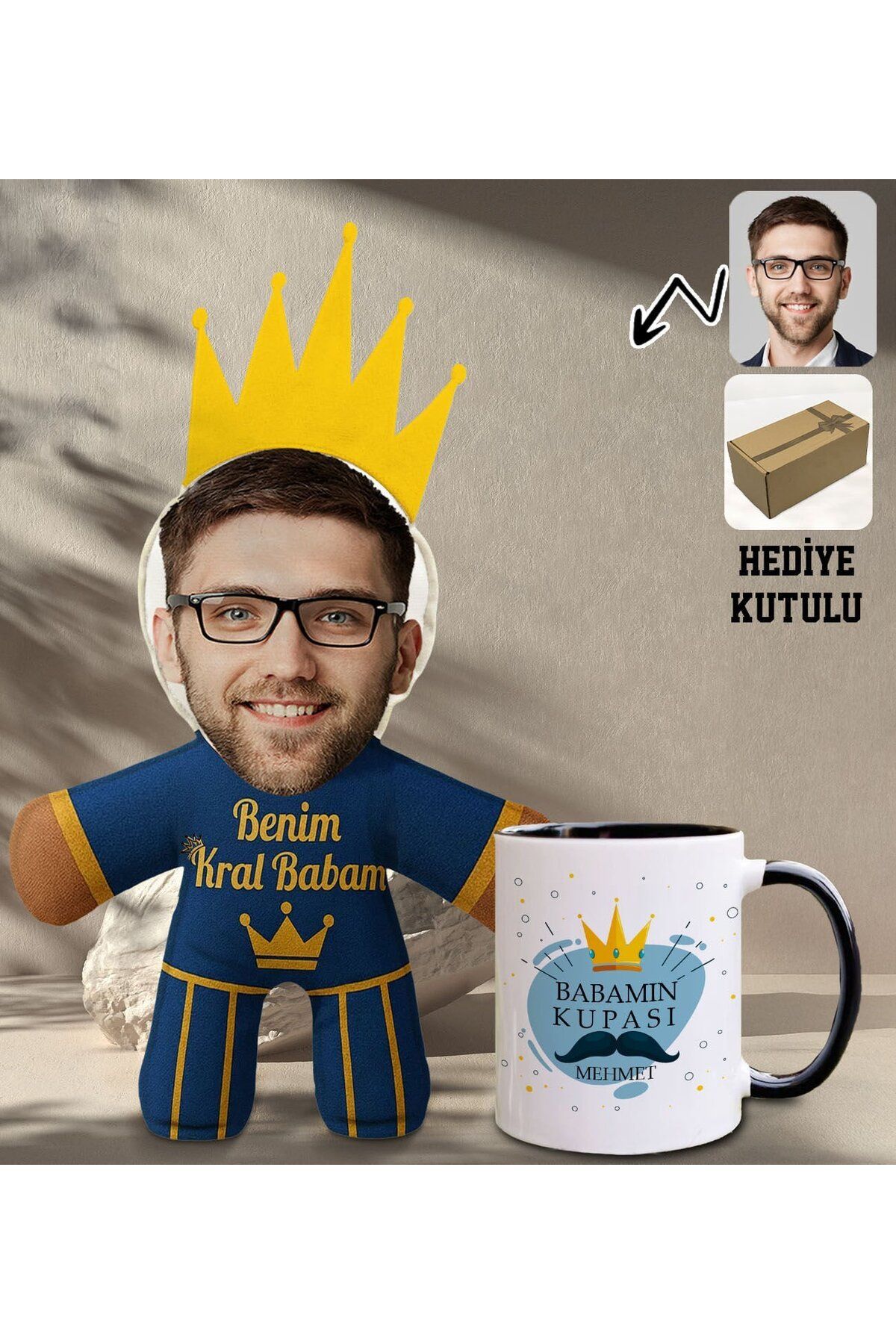 Bk Gift Kişiye Özel Fotoğraflı Kral Babam Tasarımlı Bebek Yastık-2 & Hediye Seti-1