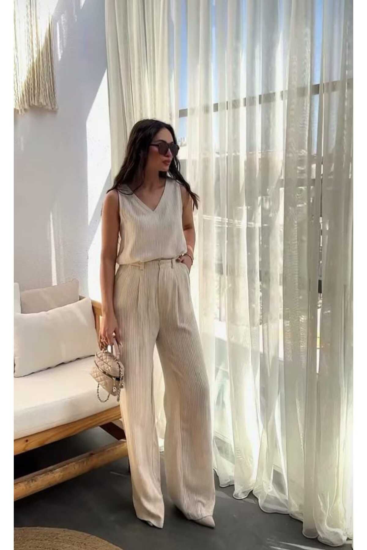 MODA LUNEANDCO Brekkie Taş Keten Bluz Pantolon Takım