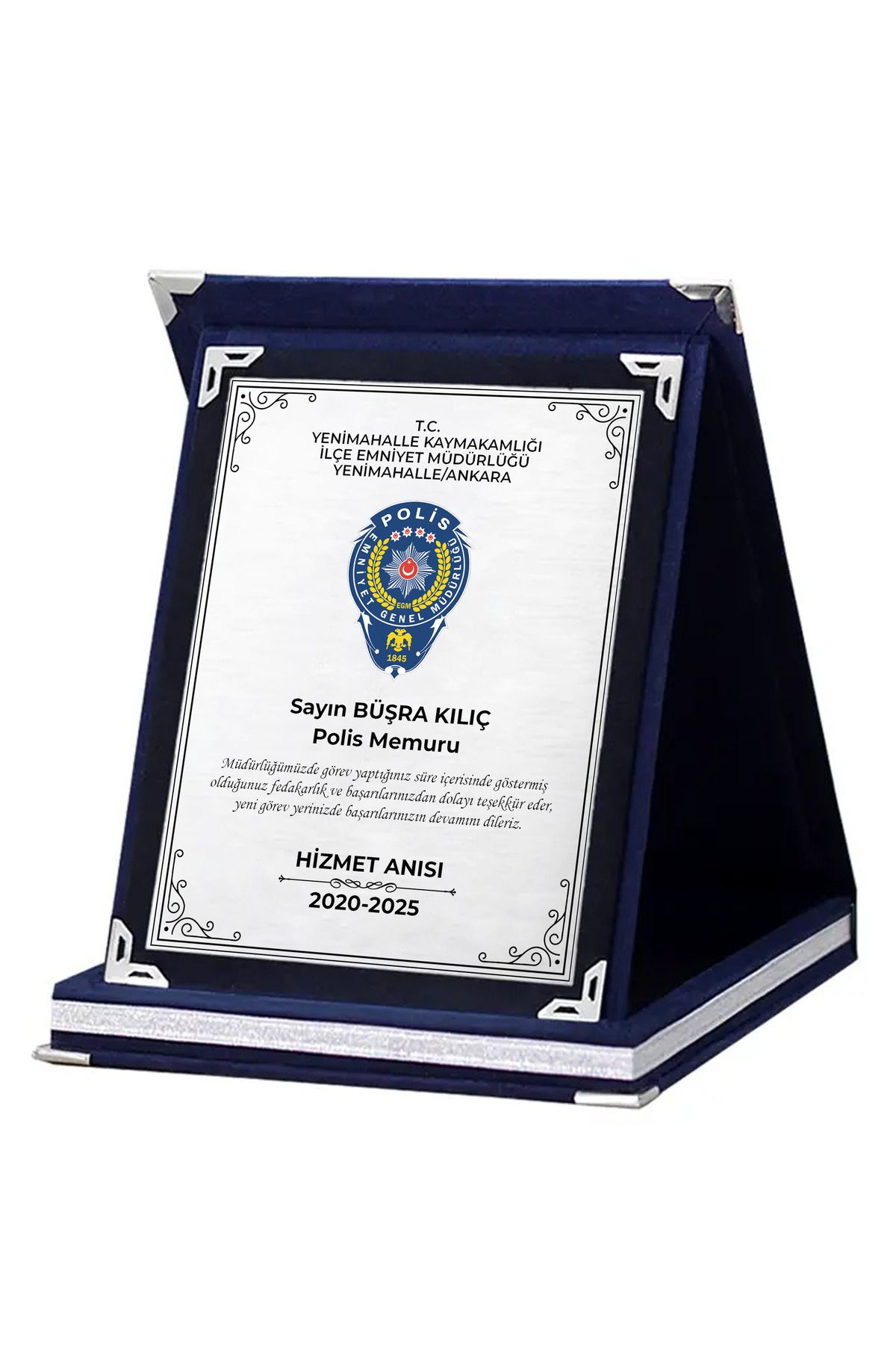 Teknookul Polis Teşekkür Plaketi | Kişiye Özel Emniyet Hizmet Anısı Plaketi – Lacivert Kutu Tasarım- 15X20