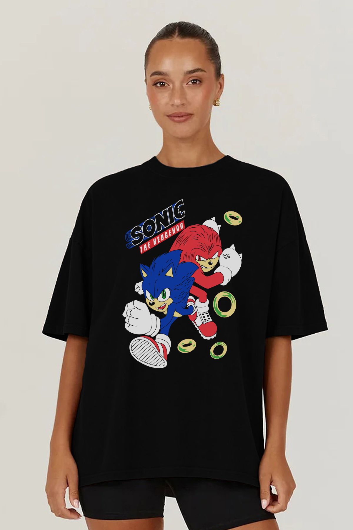 MODA Kirpi Sonic Baskılı Oversize Kalıp Siyah Geniş Bol Kesim Kadın Tişört