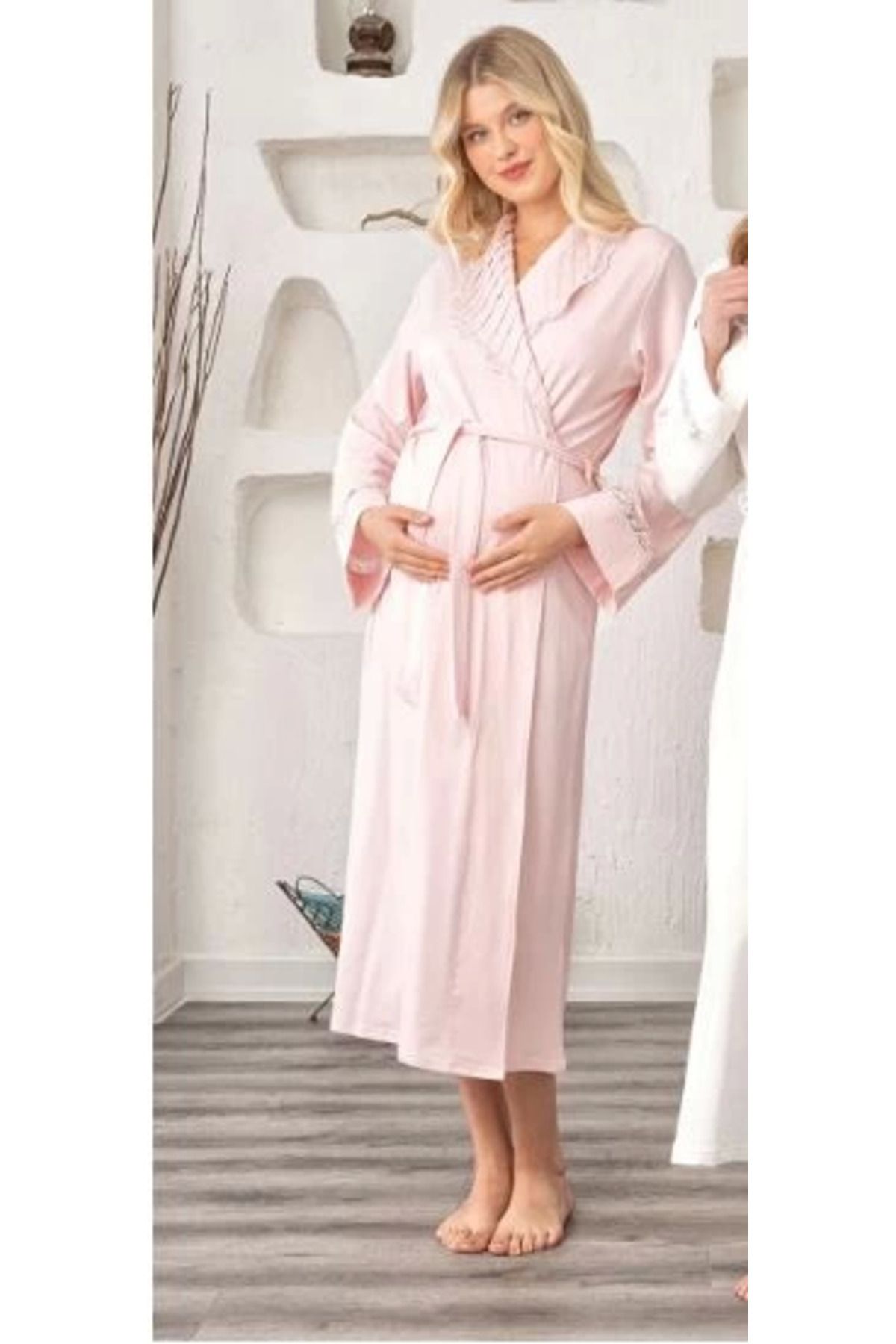 Modafiks Bone 5930 Lycra Nevrürlü Şal Yaka Sabahlık - Pudra - XL