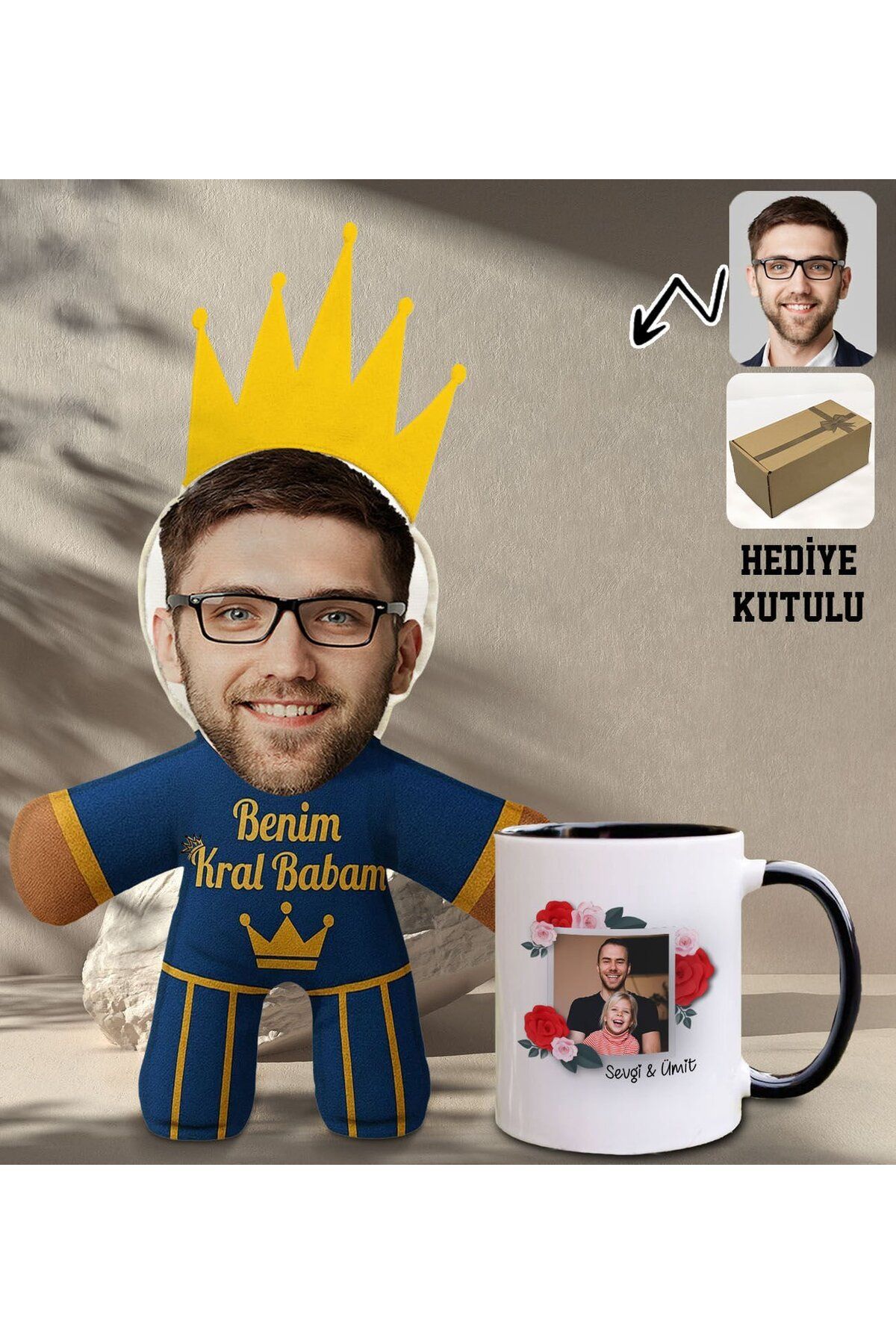 Bk Gift Kişiye Özel Fotoğraflı Kral Babam Tasarımlı Bebek Yastık-2 & Hediye seti