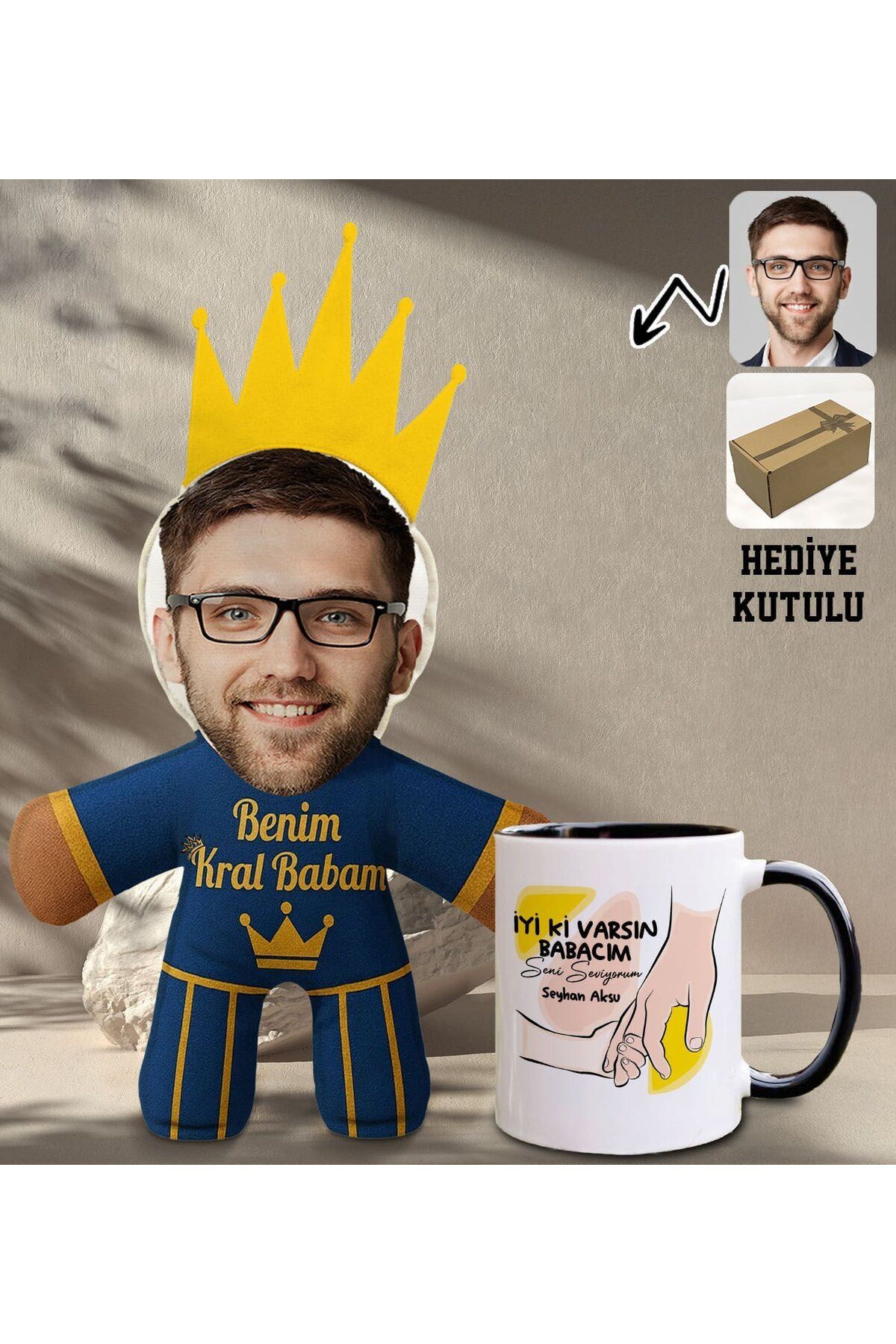 Bk Gift Kişiye Özel Fotoğraflı Kral Babam Tasarımlı Bebek Yastık-2 & Hediye Seti-1