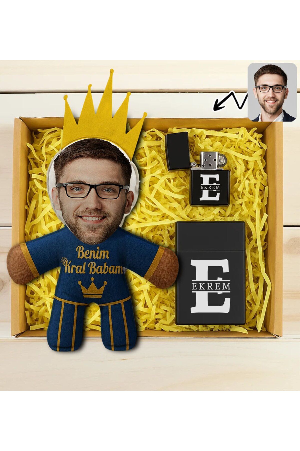 Bk Gift Kişiye Özel Fotoğraflı Kral Babam Tasarımlı Bebek Yastık-2 & Kutusu & Çakmak Hediye S