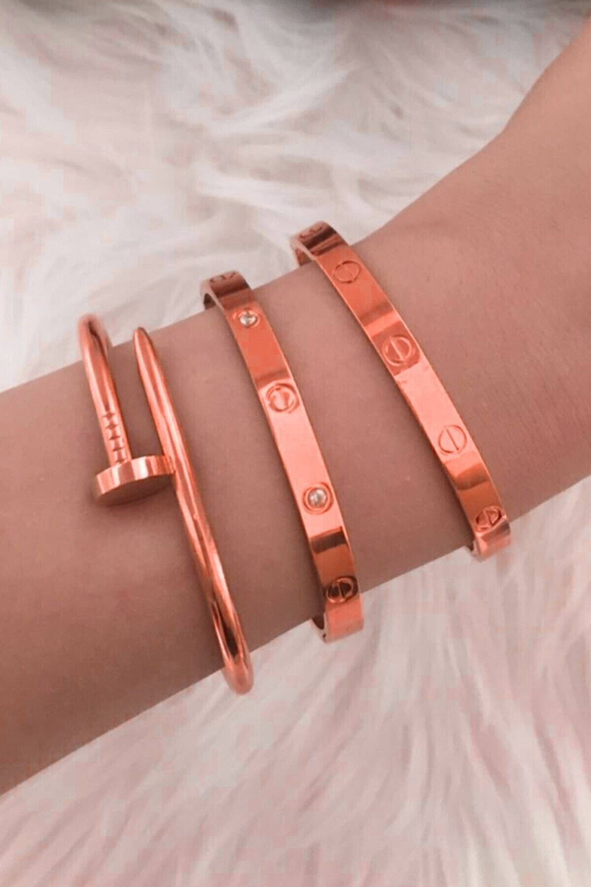JEWELRY Rose Kaplama Kombin Çivi, Taşlı Ve Taşsız Kelepçe Bileklik